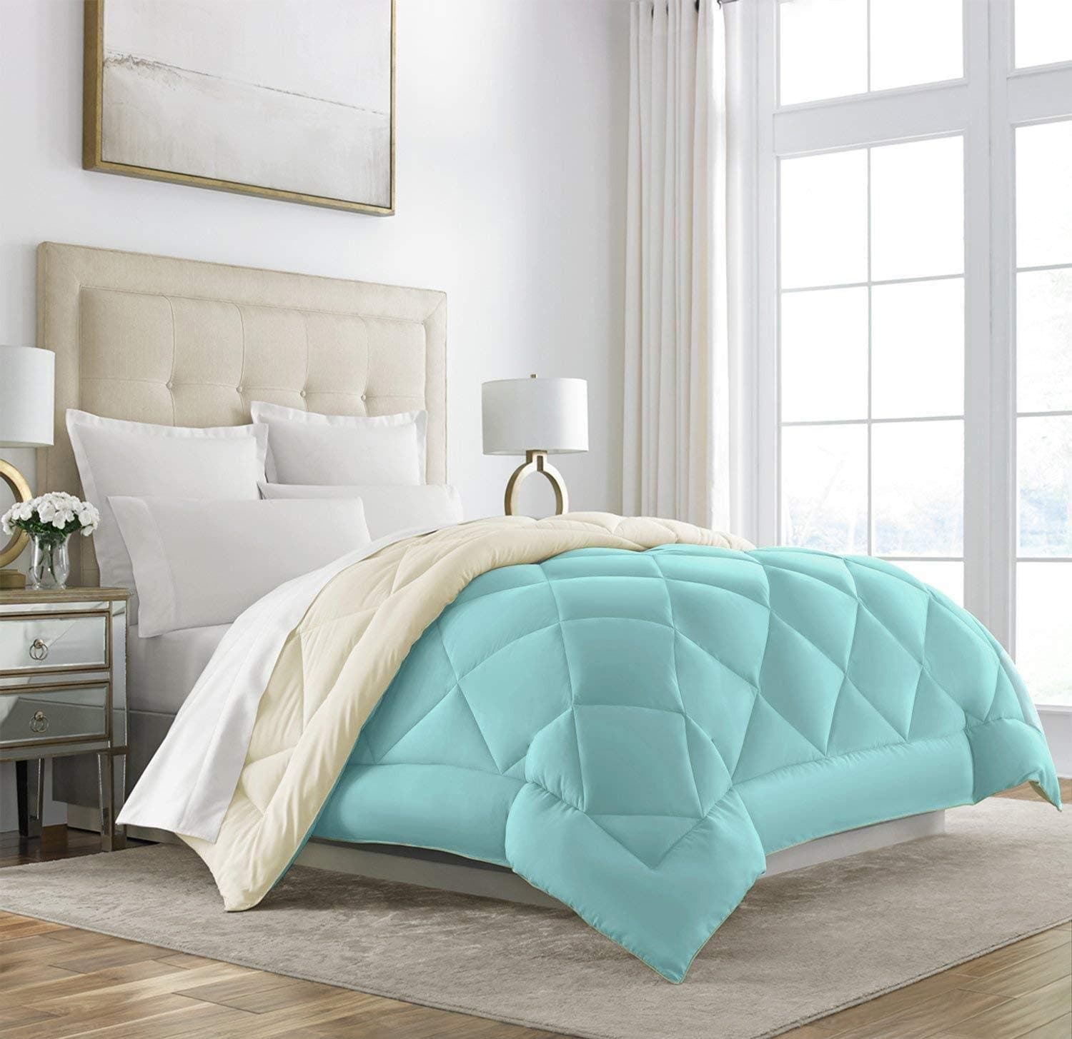 Sleep Restoration King Size Comforter for Bed - Down Alternative, Heavy, All-Season Luxury, Hotel Bedding, Oversized Reversible Comforters, Aqua/Ivory