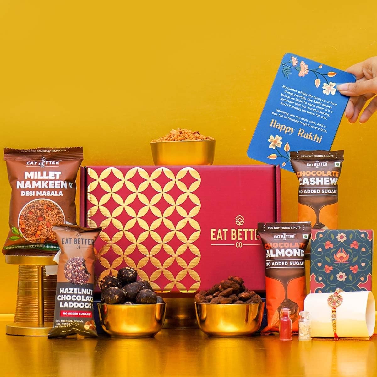 Anmol Rakhi Gift Hamper - 7 Items Combo Pack - Chocolate Coated Almonds & Cashews - Four packets of Dry Fruits With Roli, Chawal | Raksha Bandhan Box For Brother - Rakhi With Gift Set