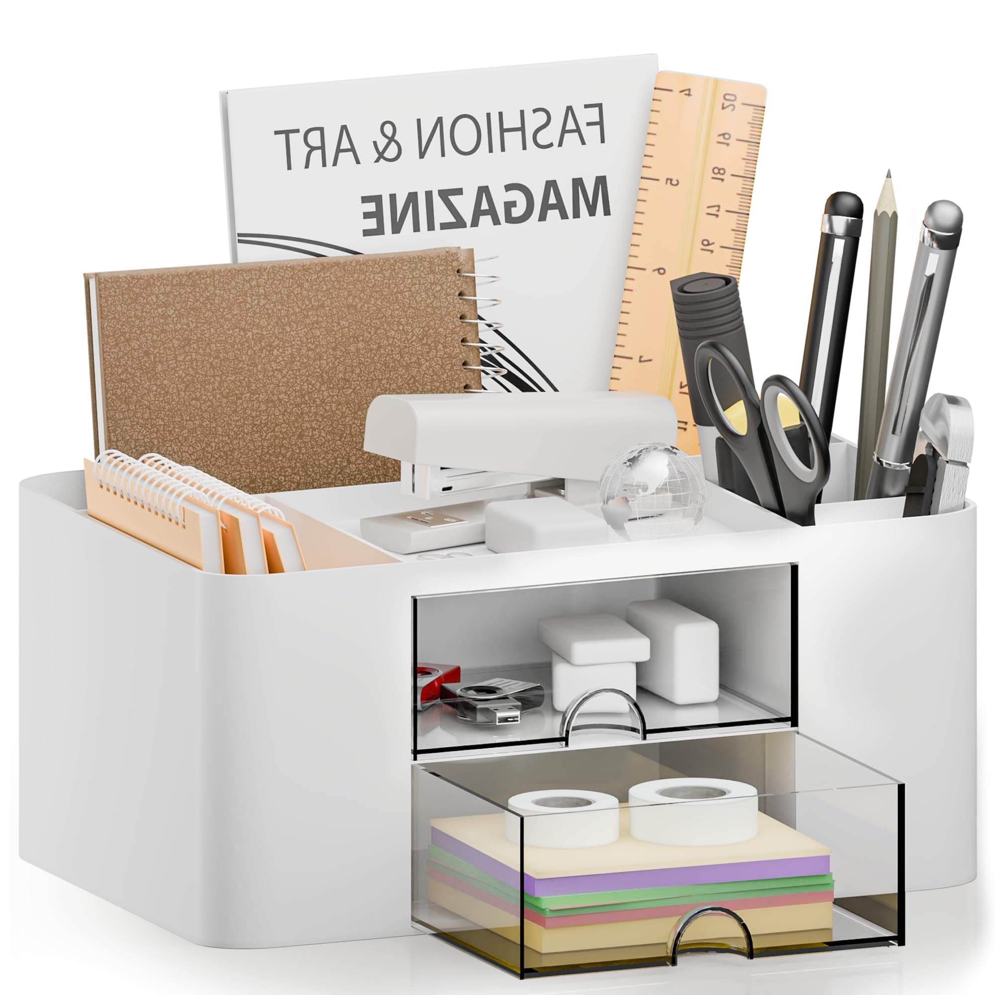 Desk Organizer with 2 Drawer, Multi-Functional Pencil Pen Holder, Plastic Desk Organizers and Storage with 5 Compartments for School Office Art Supplies (White)
