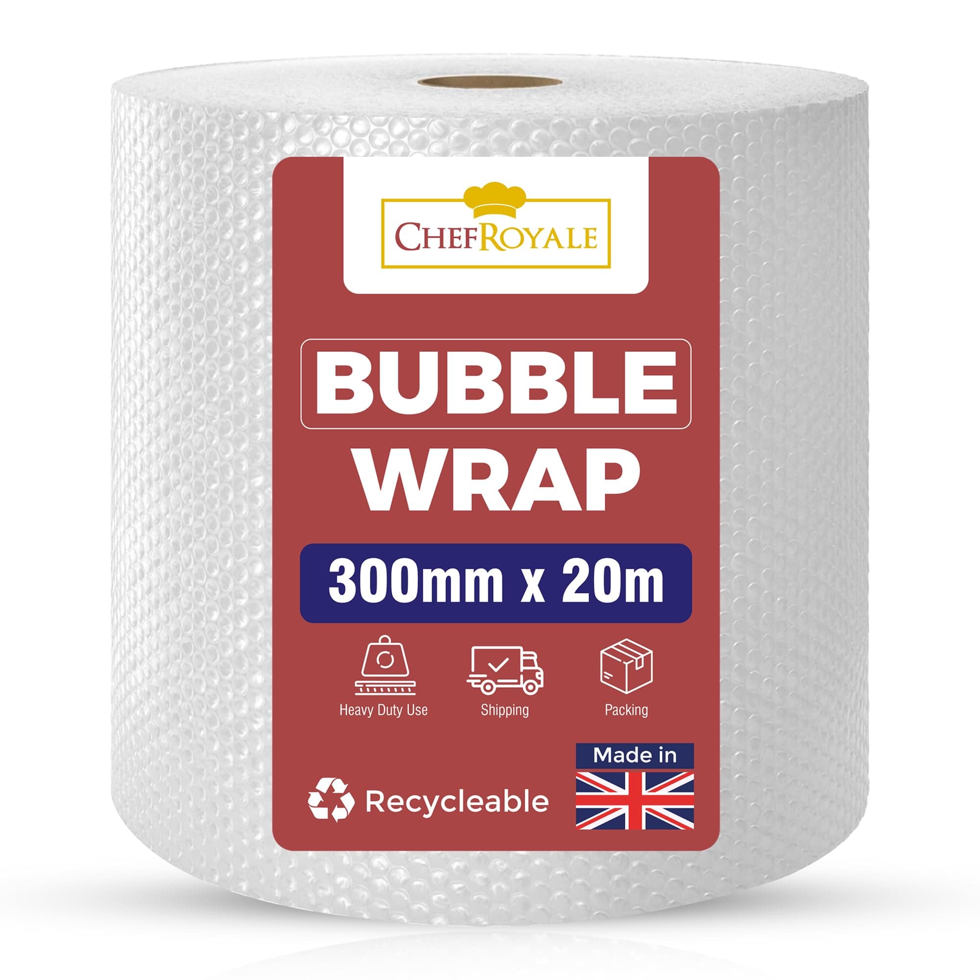 CHEF ROYALEPolyethylene Bubble Wrap Roll, 300mm x 20m, Clear, Packaging Essentials for House Moving, Shipping & Storage
