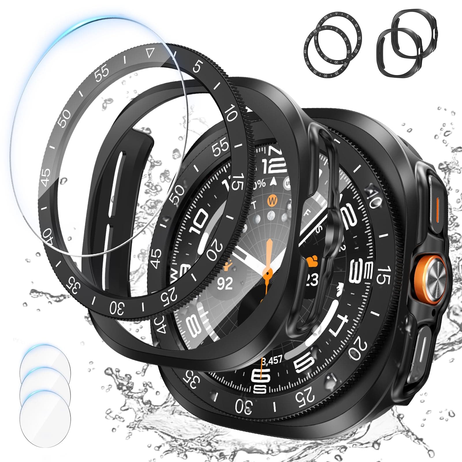 Goton 2+2+3 Pack 3 in 1 for Samsung Galaxy Watch Ultra 47mm: 3 HD Anti-Fog Tempered Glass Screen Protectors + 2 Hard PC Cases + 2 Bezel Ring Covers (Black with Indices)