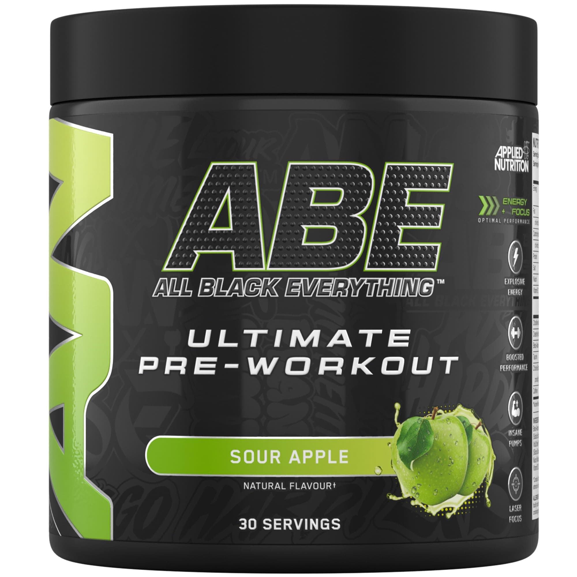 Applied Nutrition ABE Pre Workout - All Black Everything Pre Workout Powder, Energy & Physical Performance with Citrulline, Creatine, Beta Alanine (375g - 30 Servings) (Sour Apple)