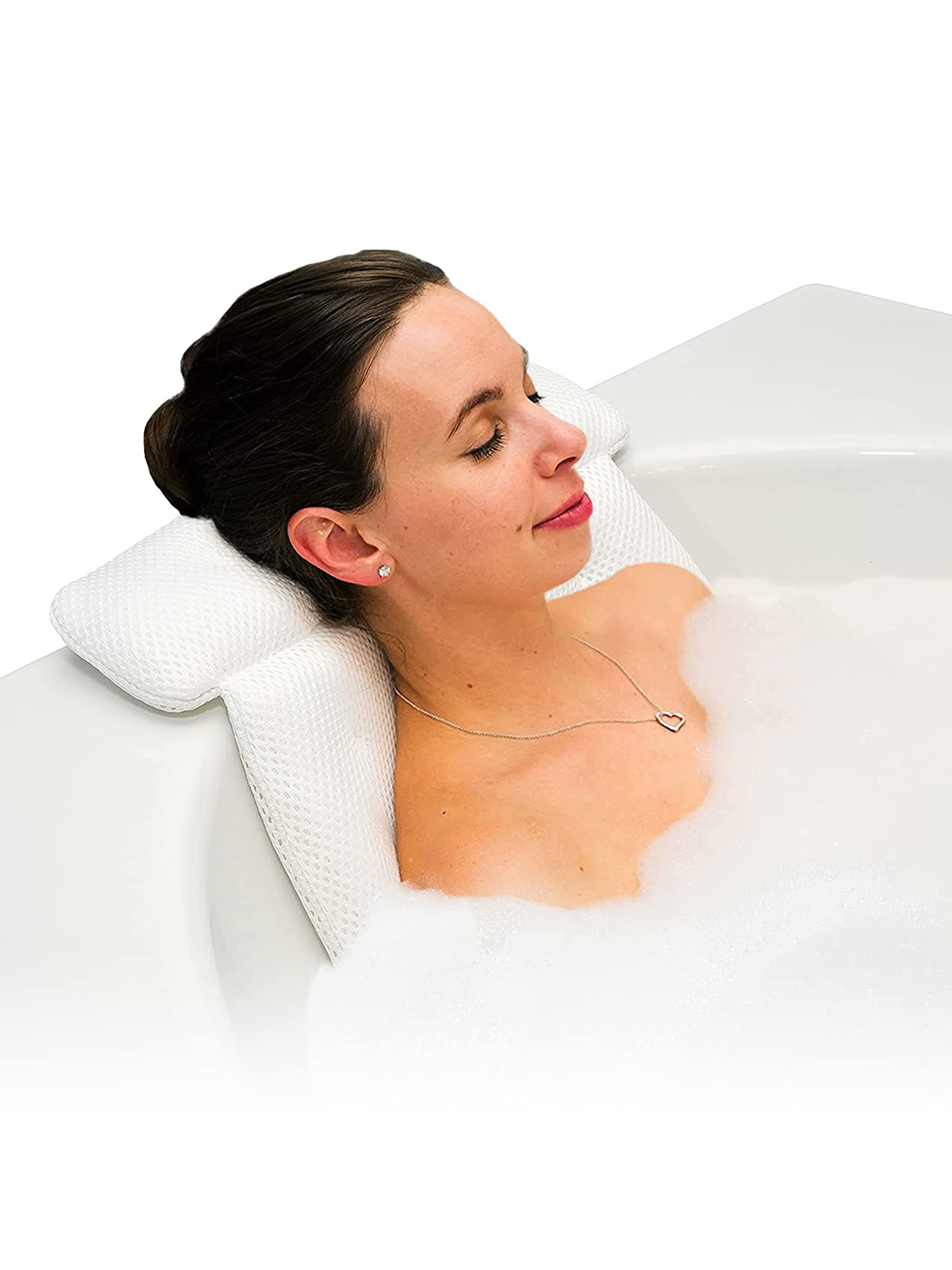 Bath Haven Luxury Bathtub Pillow with 3D Air Mesh Technology, Machine Washable-Quick-Drying and Includes Washing Bag and Travel Case, White, Classic