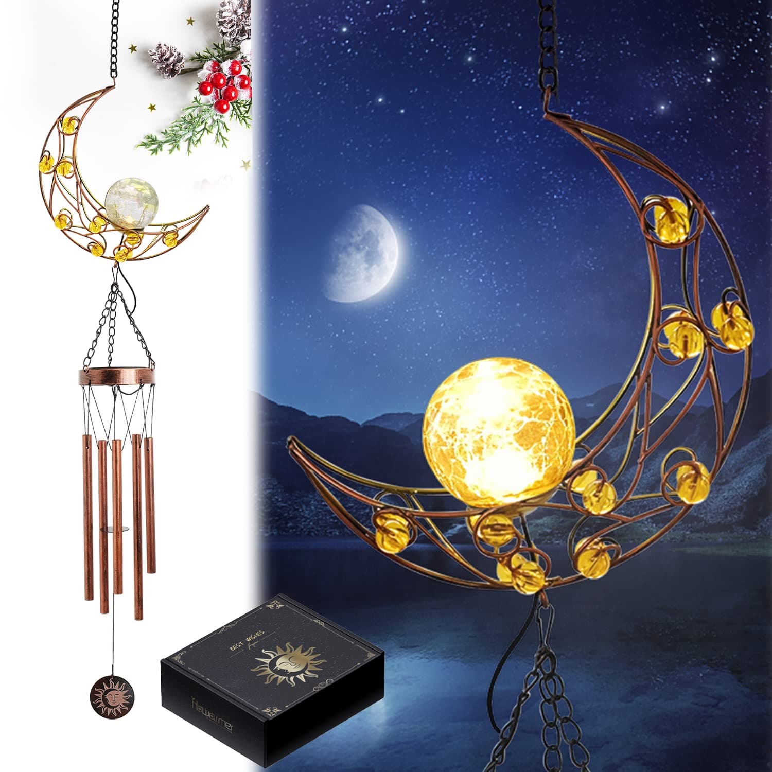 Howarmer Solar Wind Chimes for Outside ,42" LED Moon Light Wind Chimes with Crackle Glass Ball for Garden Yard Patio Lawn Unique Memorial Sympathy Outdoor Gifts Hanging Decor for Mom Women Grandma