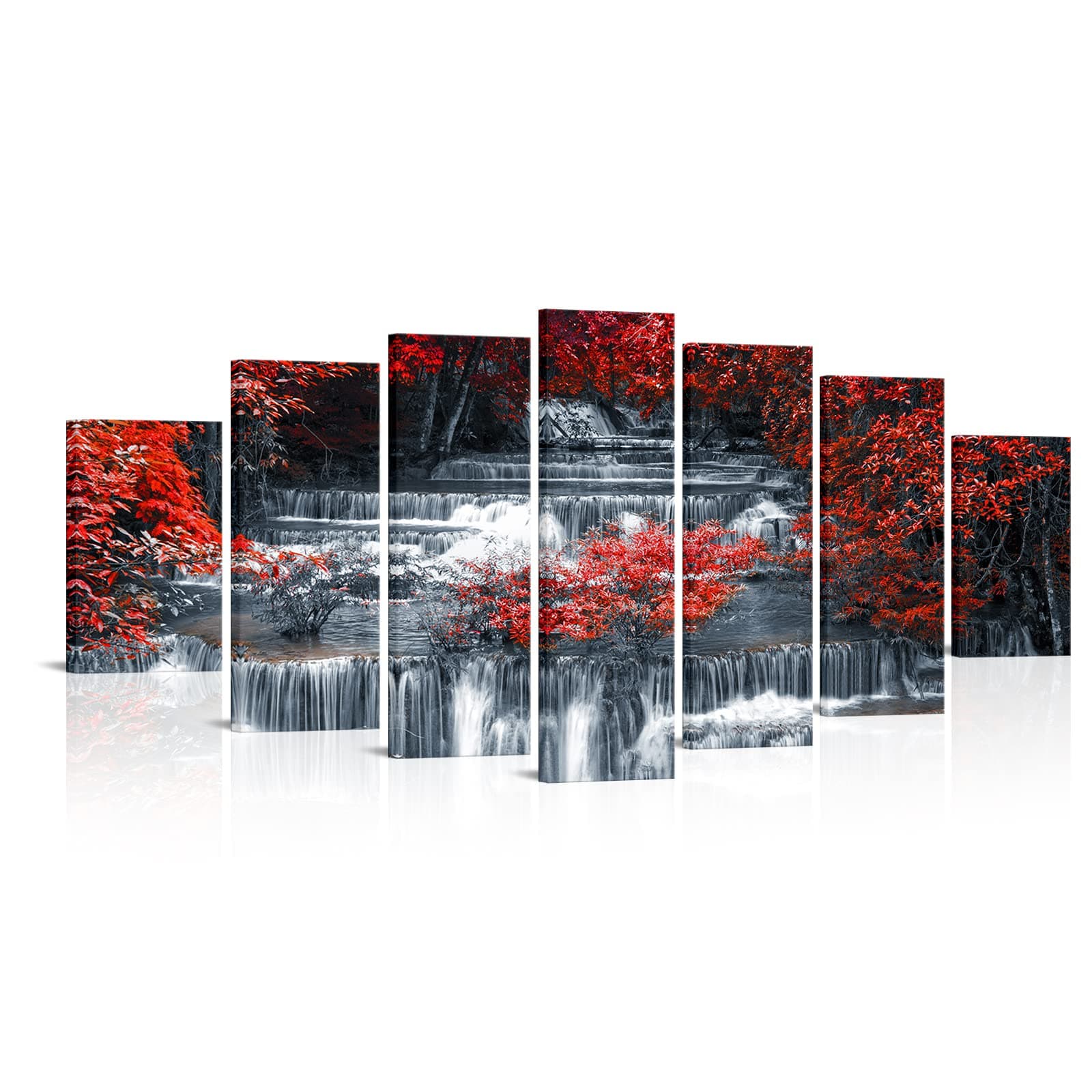 Visual Art Decor Xlarge 7 Pieces Canvas Wall Art Red Trees Forest Red and Gray Waterfall Nature Landscape Picture Prints Modern Home Office Living Room Wall Decoration (70inx32in)