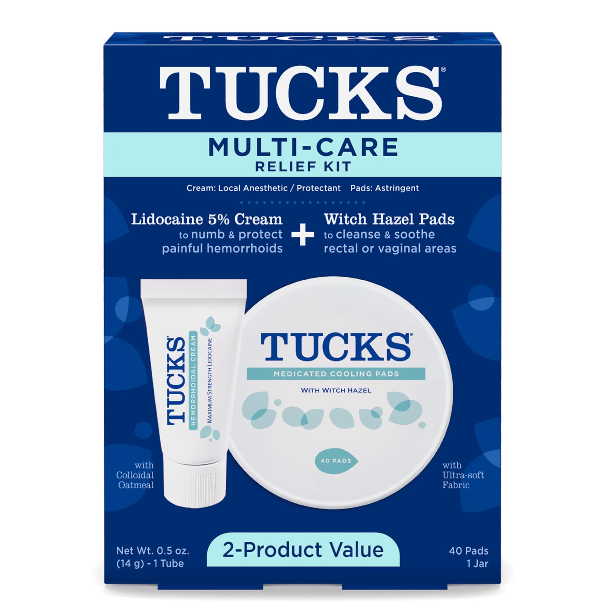 Tucks Multi-Care Relief Kit - 40Ct Witch Hazel Pads & 0.5oz Lidocaine Cream