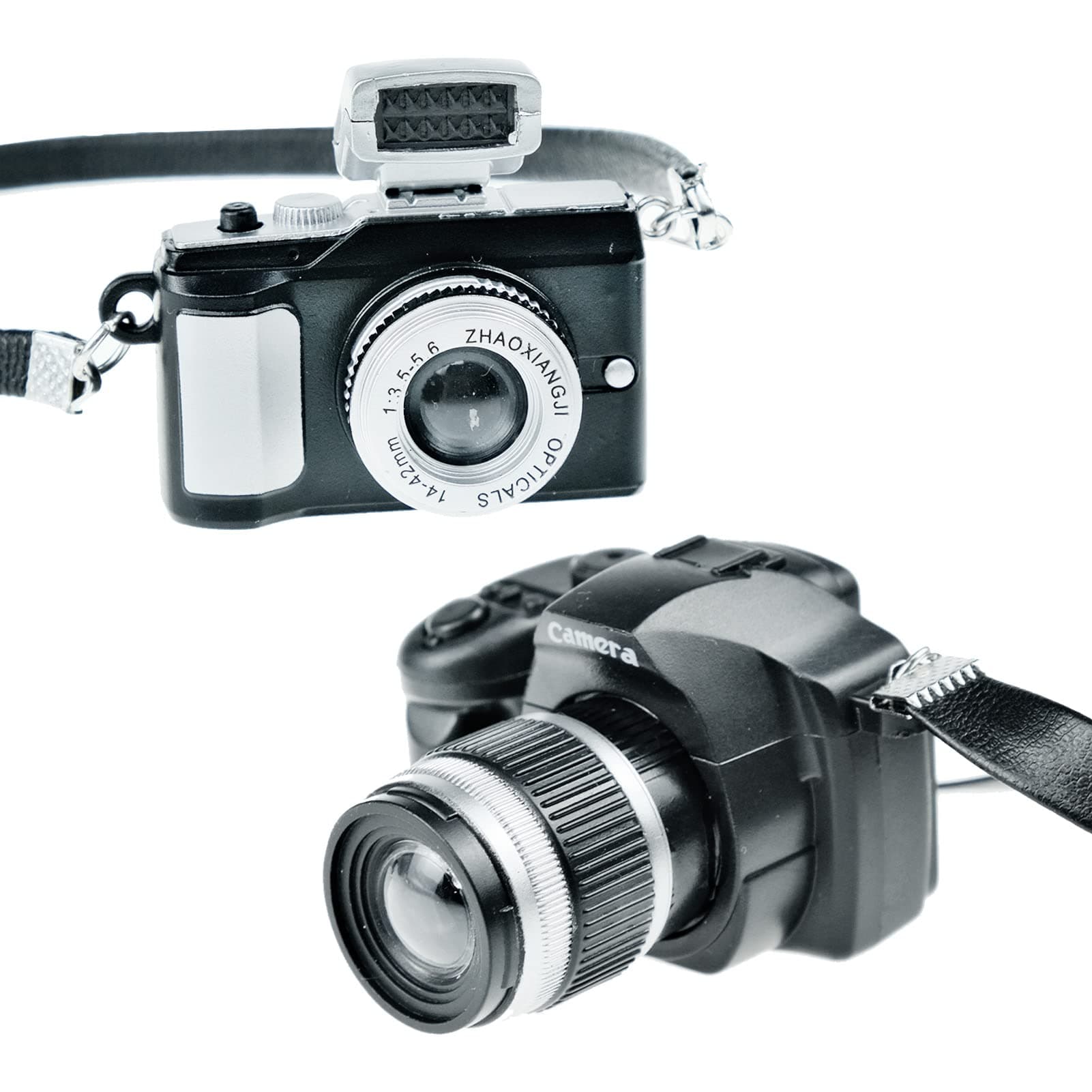 2Pcs Mini Camera for Dolls, 1:4 Scale Miniature SLR Camera Ornament with Flash and Shutter Sound, Vintage Mini Camera Dollhouse Decoration Accessories