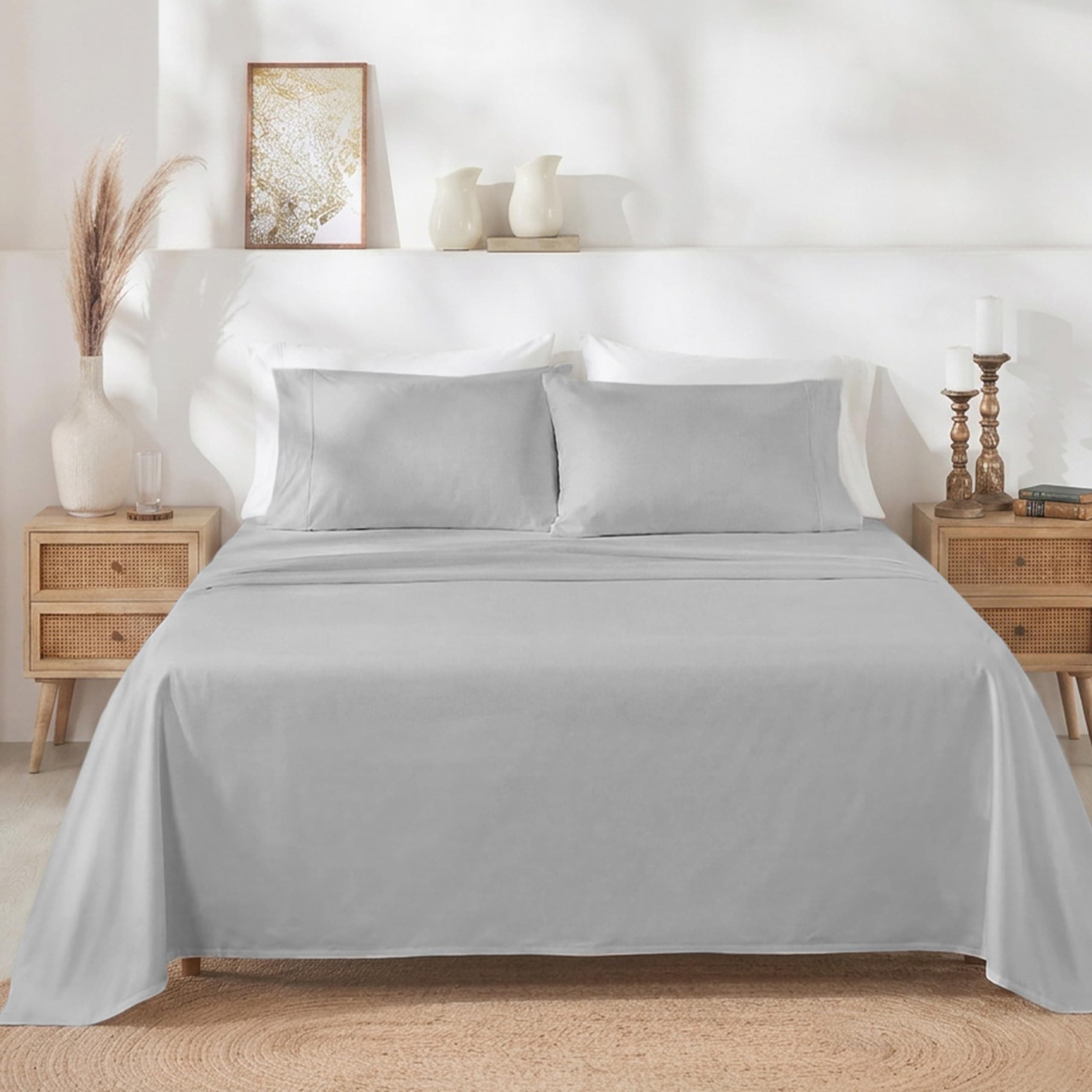 6-Pc King Size Sheet Set with 4 Pillowcases - Soft 400 Thread Count 100% Cotton Sheets, Sateen Weave, Deep Pocket Bedsheets Set - Light Grey