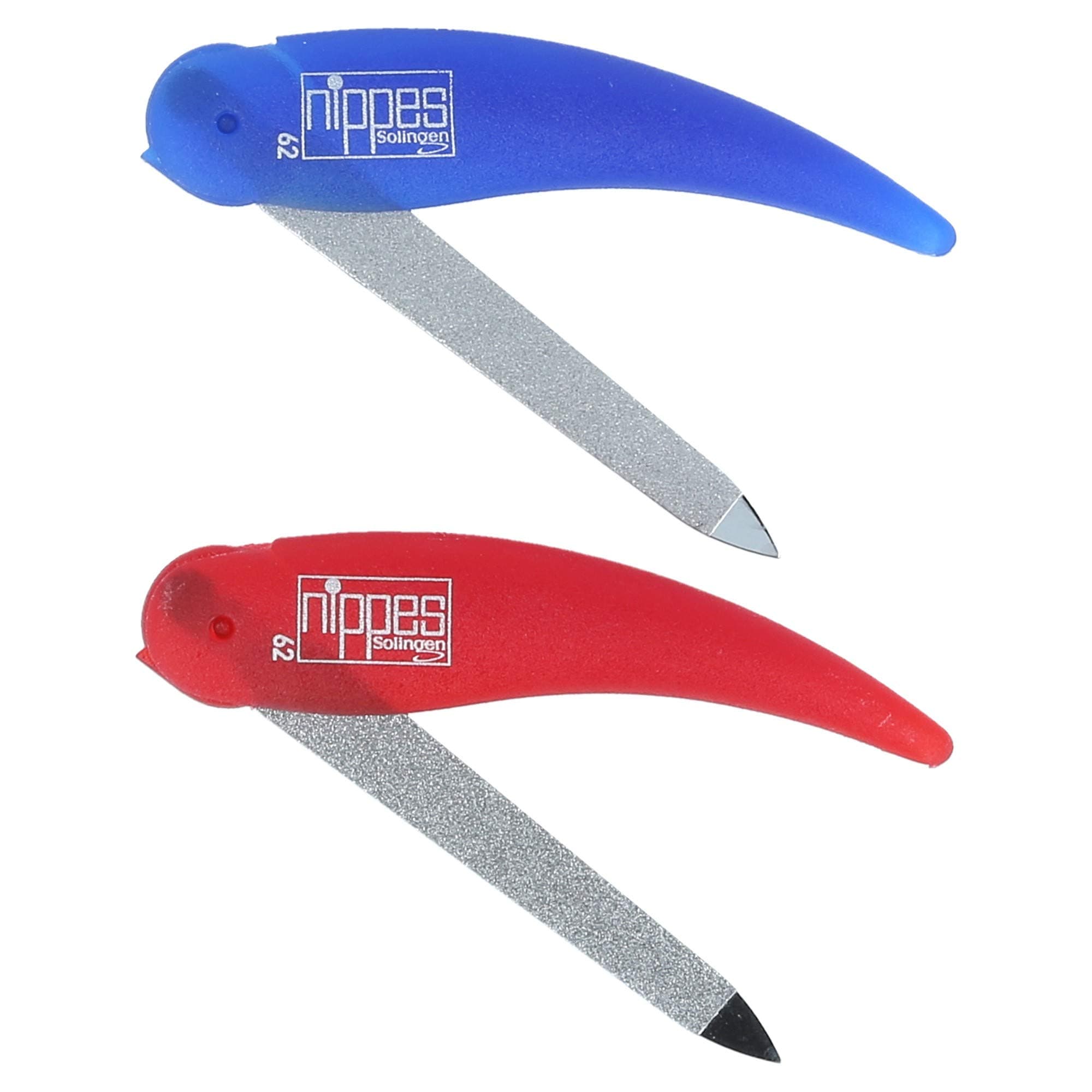 Nippes Folding Pocket Size Nail File Set with Buffers Quality Handmade in Solingen Germany Portable for Travel Pedicures Manicures Ergonomic Hand Grip Durable Metal Design Blue & Red Set [2 Pack]