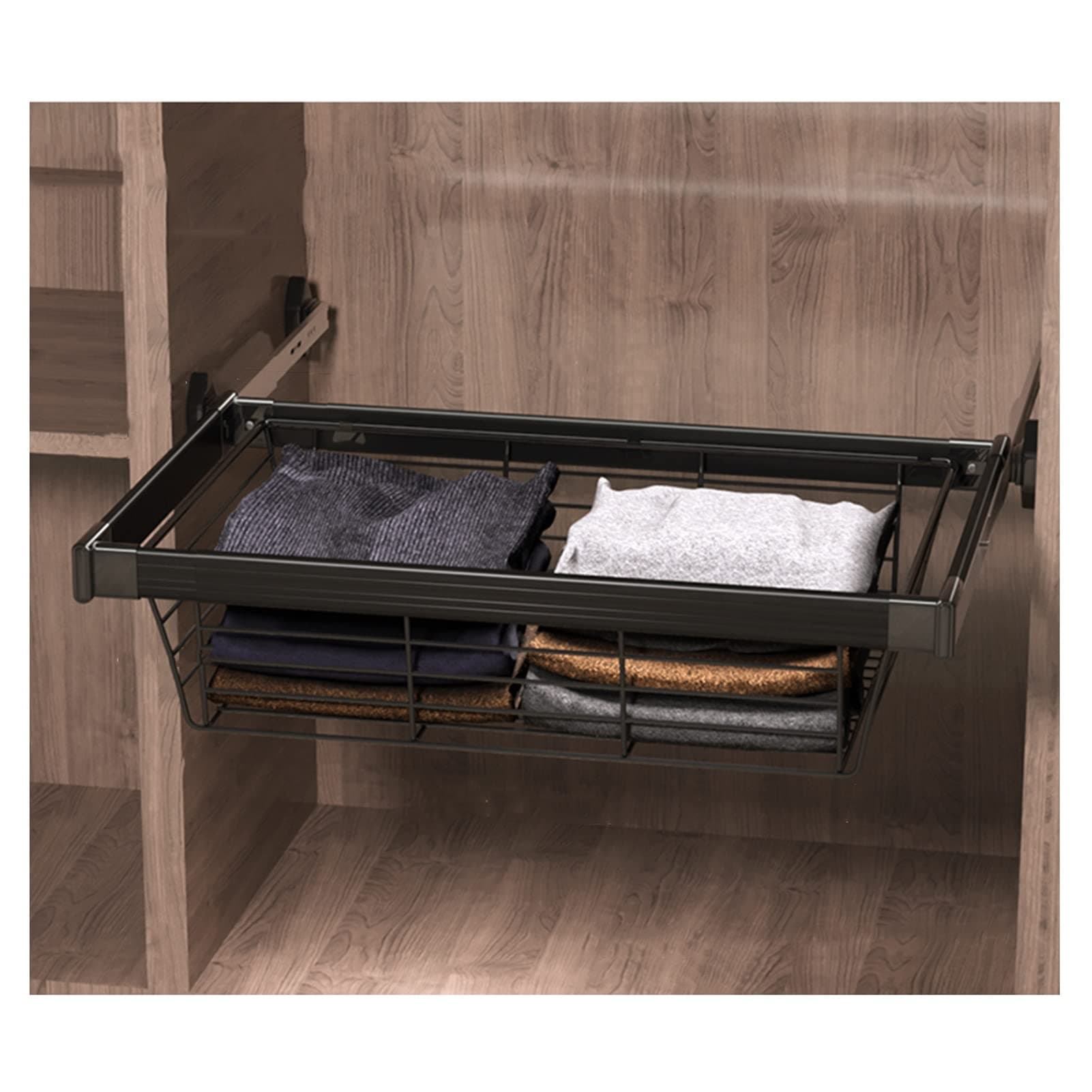 Wardrobe Pull Out Baskets Slide Rail Cabinet Storage Basket, Suitable for Sorting Wardrobe Clothes and Storage and Air Drying of Kitchen Utensils (Color : Black, Size : 864-914mm)