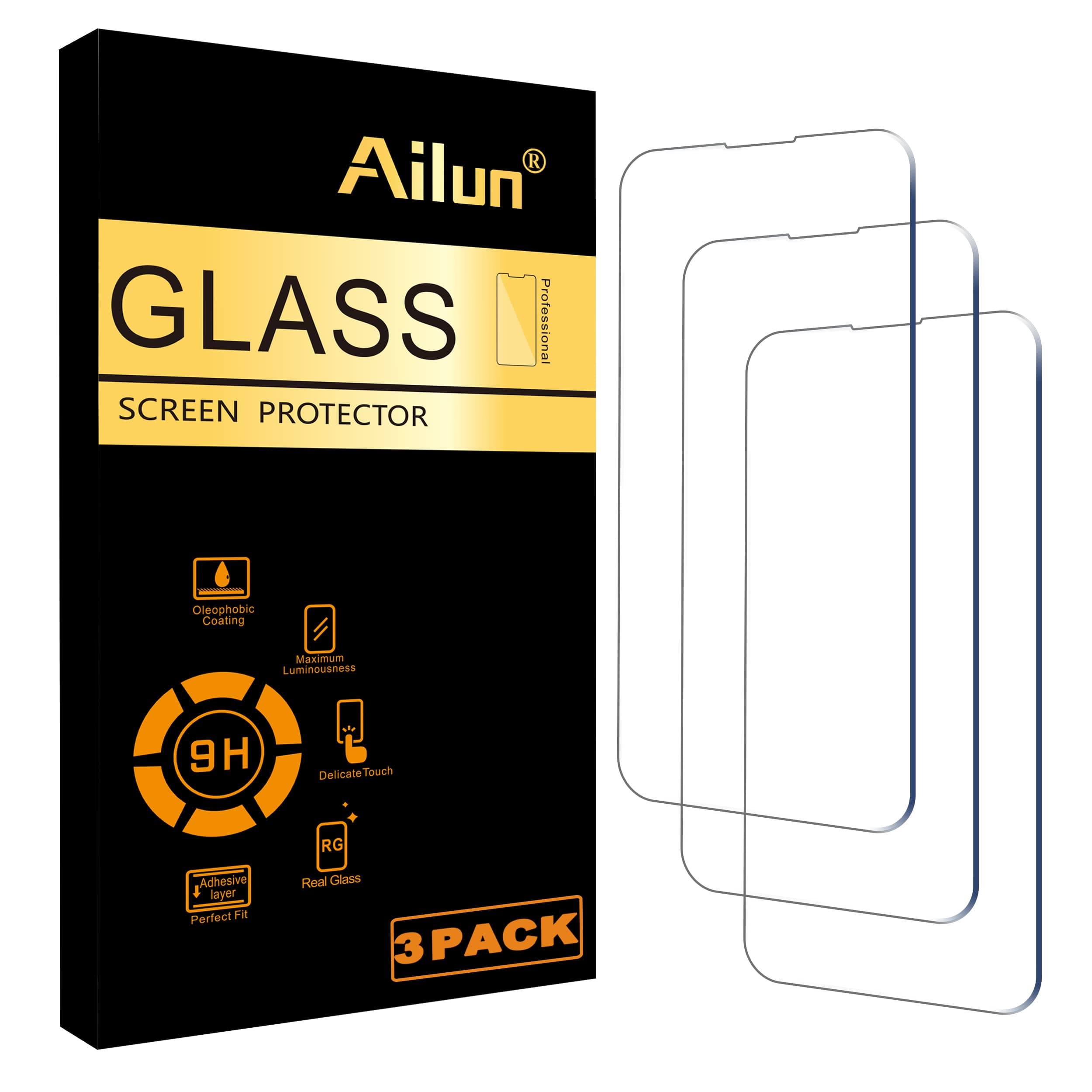 Ailun Glass Screen Protector for iPhone 14/14 Pro [6.1 Inch] Display 3 Pack Tempered Glass, Sensor Protection, Dynamic Island Compatible, Case Friendly