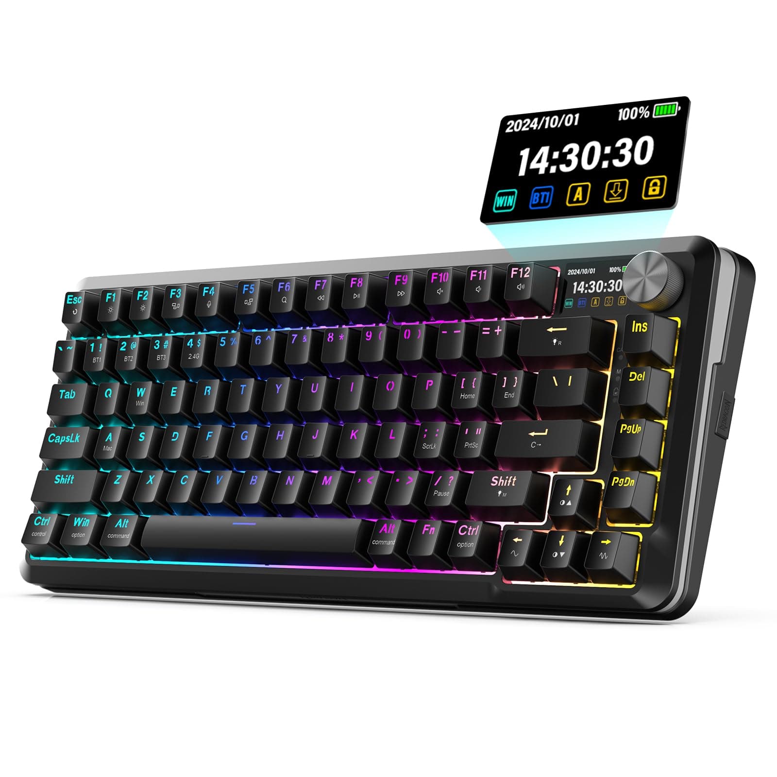 K708 Wireless Mechanical Keyboard with Screen, Volume Knob & Pre-Lubed Switches - Tri-Mode (Bluetooth/2.4G/USB-C) RGB Gasket Gaming Keyboard, Hot Swappable, 4000mAh Battery for PC, Mac, etc.