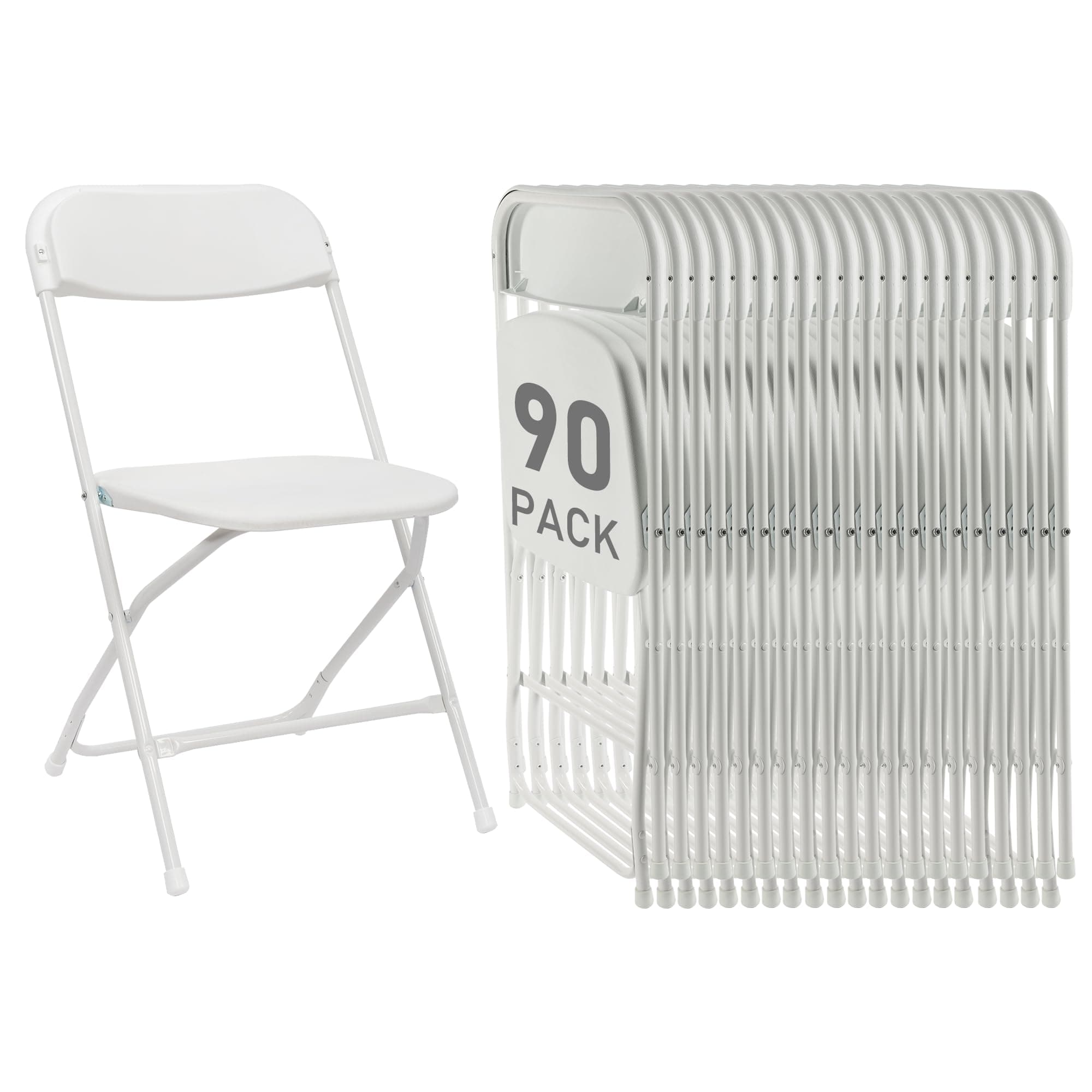 90 Pack White Plastic Folding Chairs, Portable Party Chairs, Stackable Commercial Seats with Steel Frame for Home Office Wedding Party Indoor Outdoor Events Chairs, 350lbs Capacity