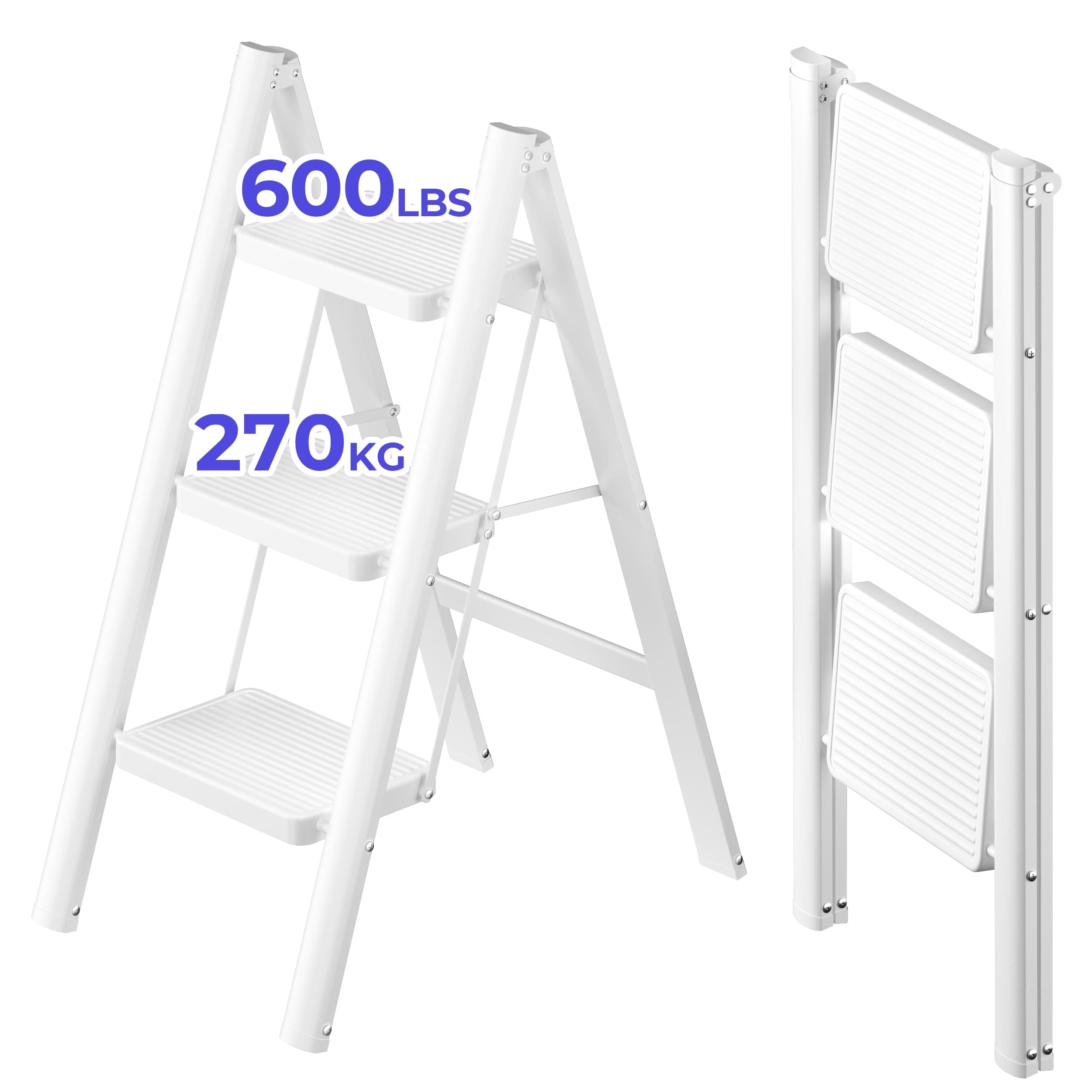 JOISCOPE 3 Step Ladder,Lightweight Folding Step Stool with Anti-Slip Pedal,600 lbs Portable Sturdy Steel Ladder for Adults,Multi Purpose Folding Ladder for Home Kitchen Office,Space Saving,White