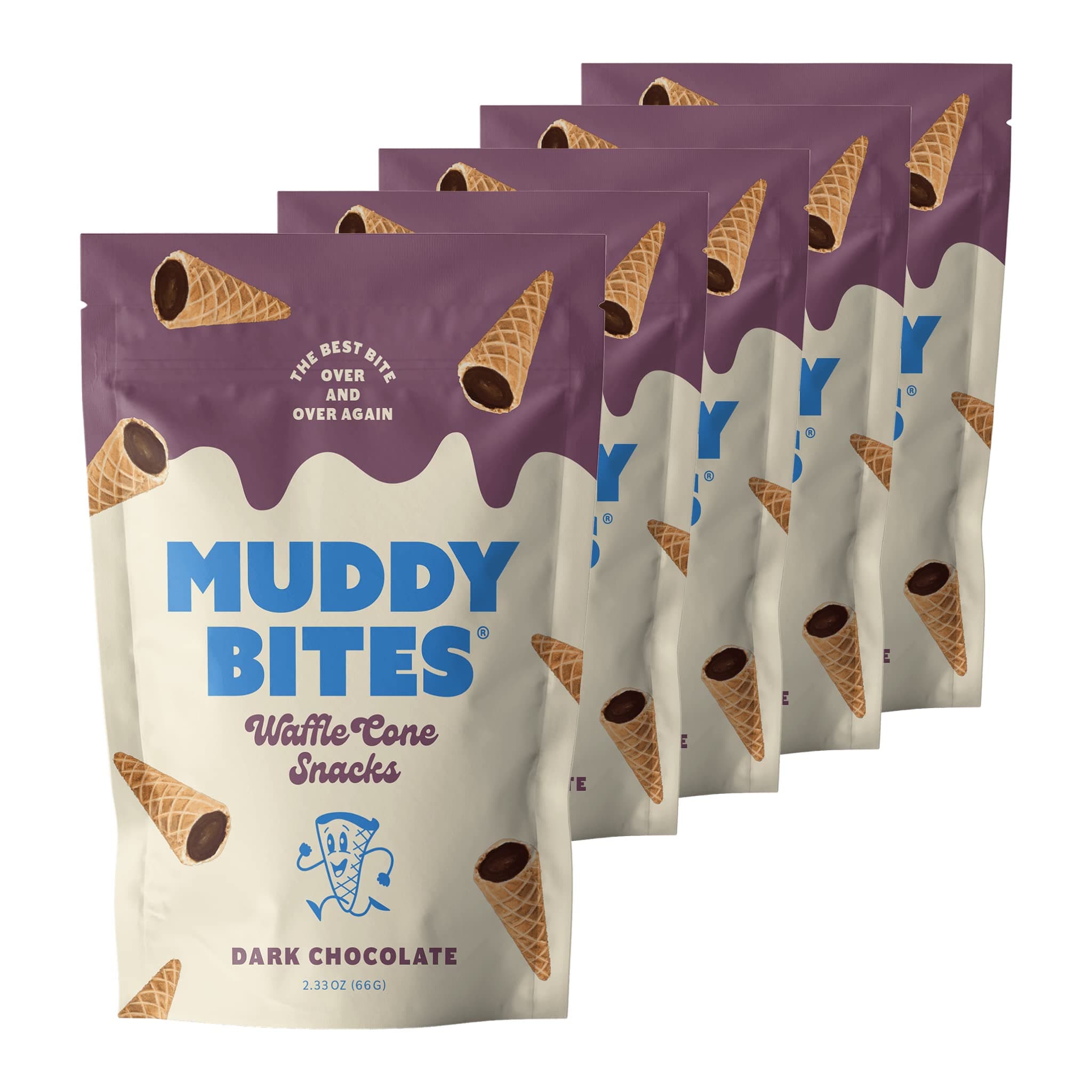 Muddy Bites Waffle Cone Snacks Bite Sized Chocolate Filled Waffle Cones for Snack or Dessert, Ice Cream Topping, made with Pure Cane Sugar, Kosher (2.33 oz (Pack of 5), Dark-Chocolate)