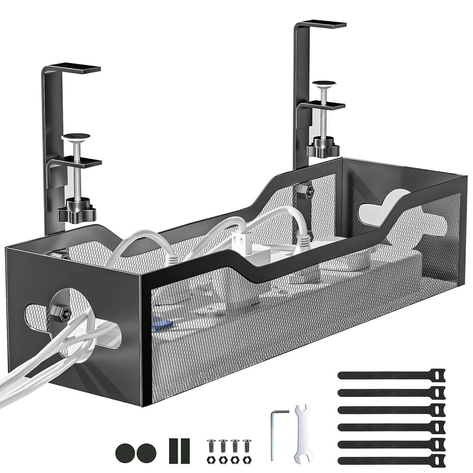 Under Desk Cable Management Tray Black, Litwaro Cable Management Under Desk No Drill, Cable Organizer with Clamp for Wire Management, Cord Organizer No Damage to Desk for Office, Home