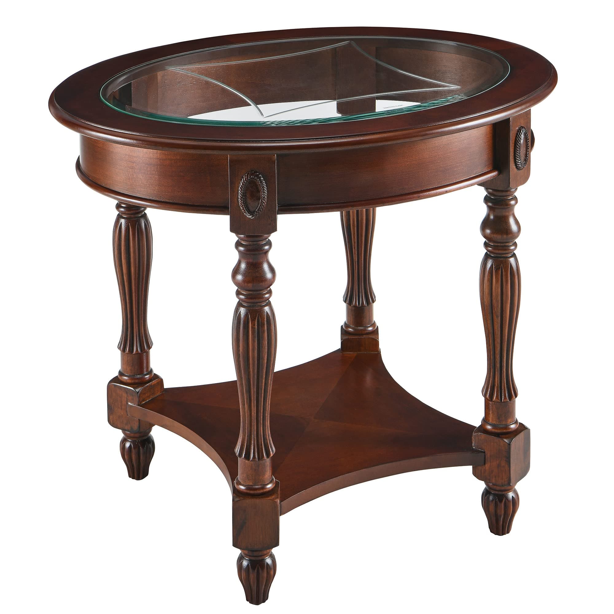 LEEMTORIG Oval Round Glass End Table, 2-Tier Solid Wood Glass Top End Side Tables, Traditional Victorian Nightstand for Bedroom Living Room Office, 28" W x 22" D x 24.2" H, Cherry Walnut CJZ-1533-GT