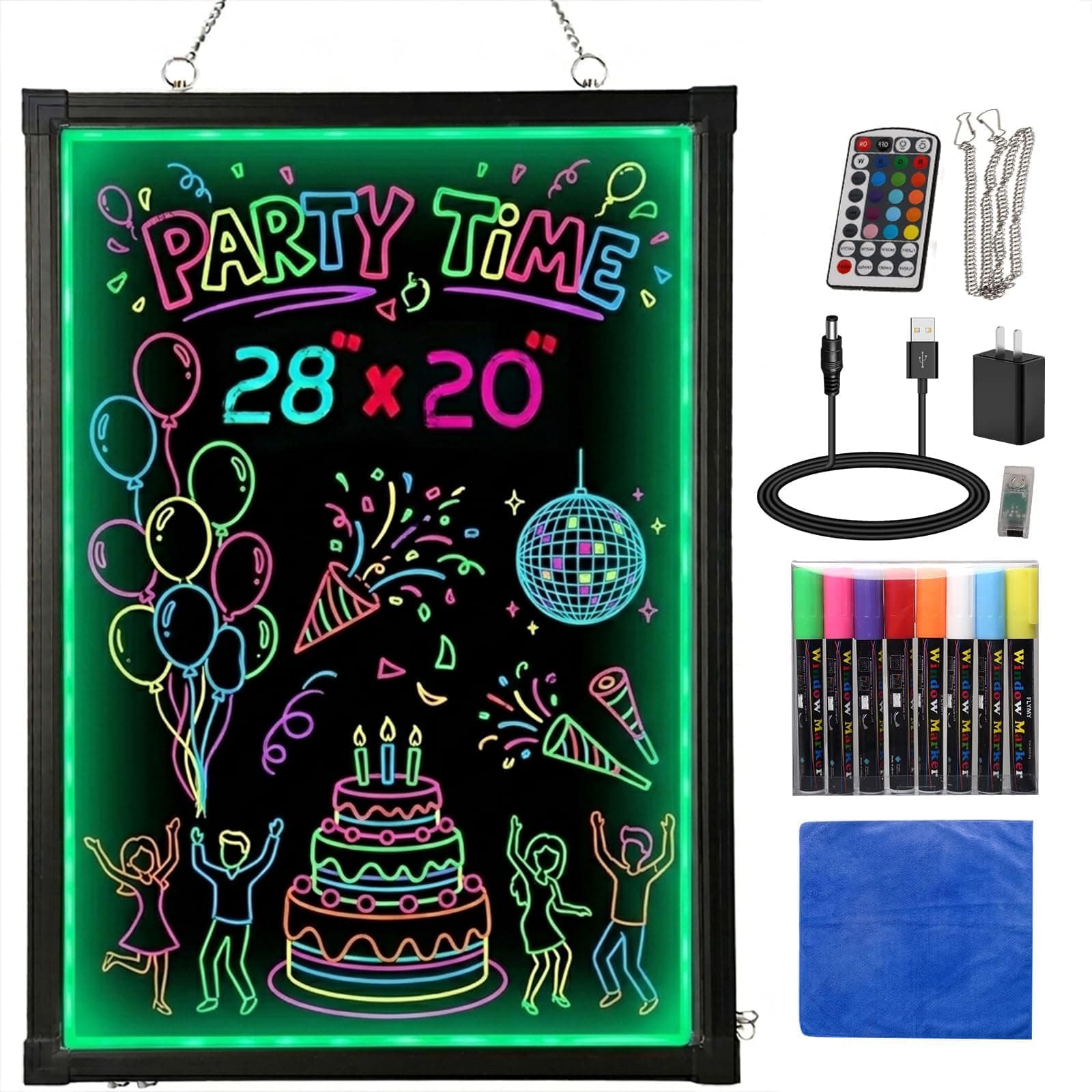 LED Writing Board 28"x20", Erasable Light-Up Message Display, 12 Colors & 26 Modes, Reusable LED Menu Sign with 8 Markers for Doodle, Illuminated Sign Board for Restaurants, Bars, Classrooms