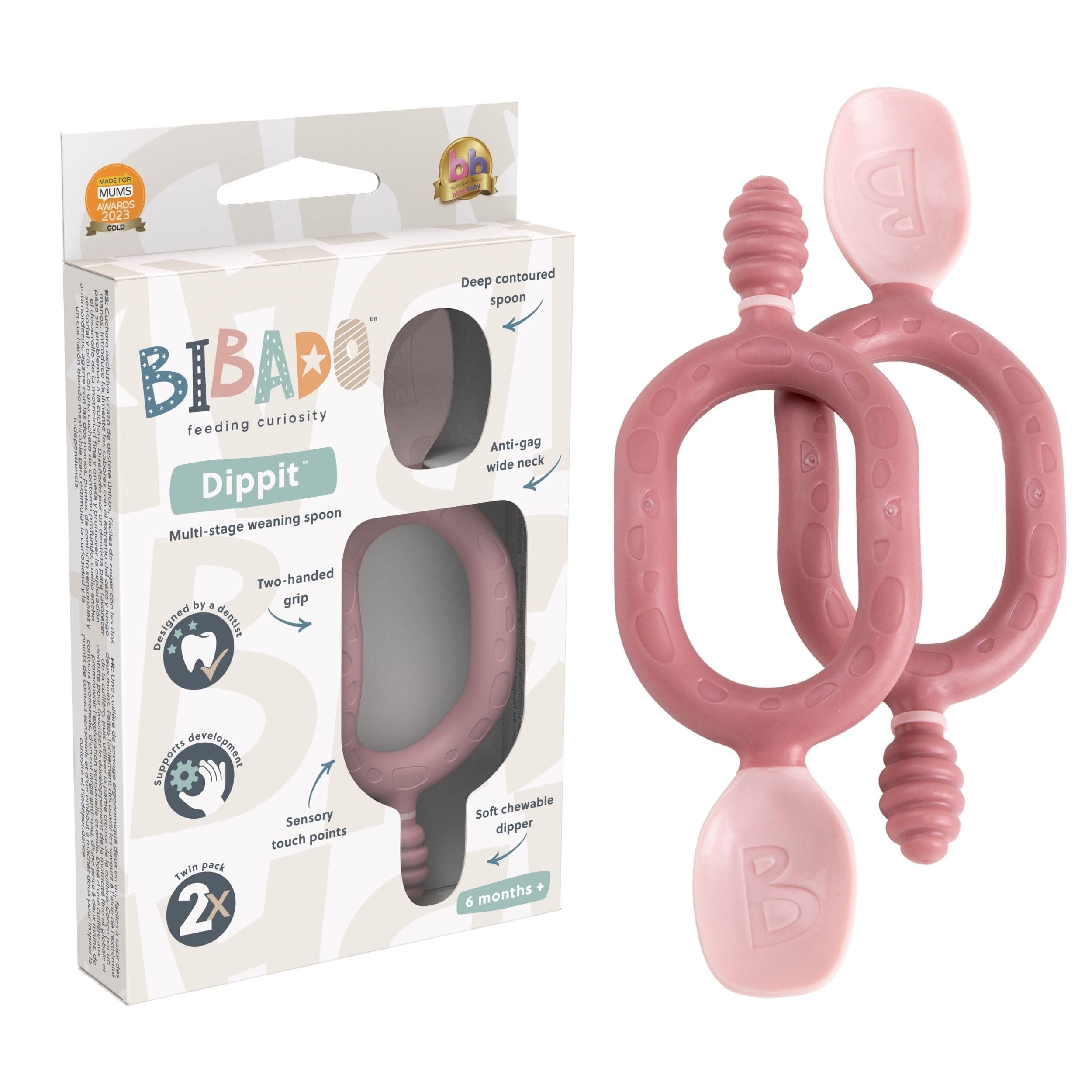 Bibado - Dippit Baby Spoon and Dipper, Mint & Blue (2-Pack) - Soft, Chewable Dipper & Deep Spoon - Two-Hand, Sensory Grip - Baby Weaning Set - Weaning Spoons - Baby Gifts - Baby Essentials - 6 Months+