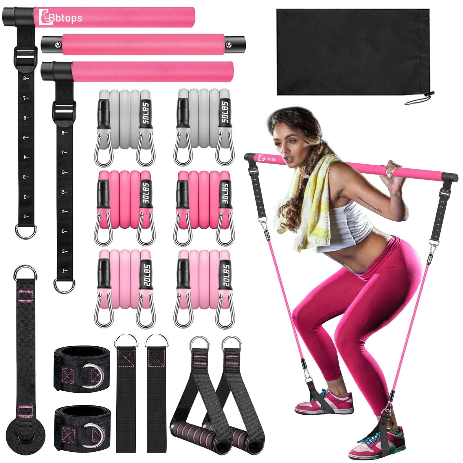Bbtops Pilates Bar Kit with Resistance Bands,Pilates Bar with Stackable Bands Workout Equipment for Legs,Hip,Waist and Arm,Exercise Fitness Equipment for Women & Men Home Gym Yoga Pilates