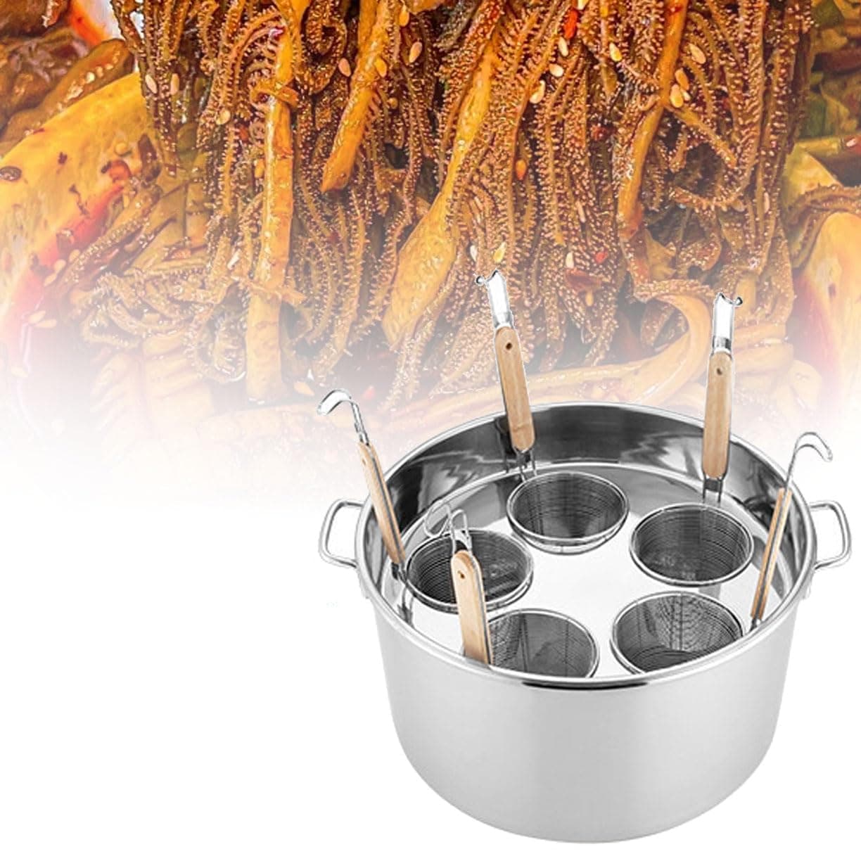 Pasta Cooker Set,with Insert Strainer Basket Stockpots Set,Humanized Hook Design,Thickened All-Steel Pot lid, 3/4/5 Holes Pasta Cooker Insert Set, Boiled Rice Noodles, Egg Malatang, etc E