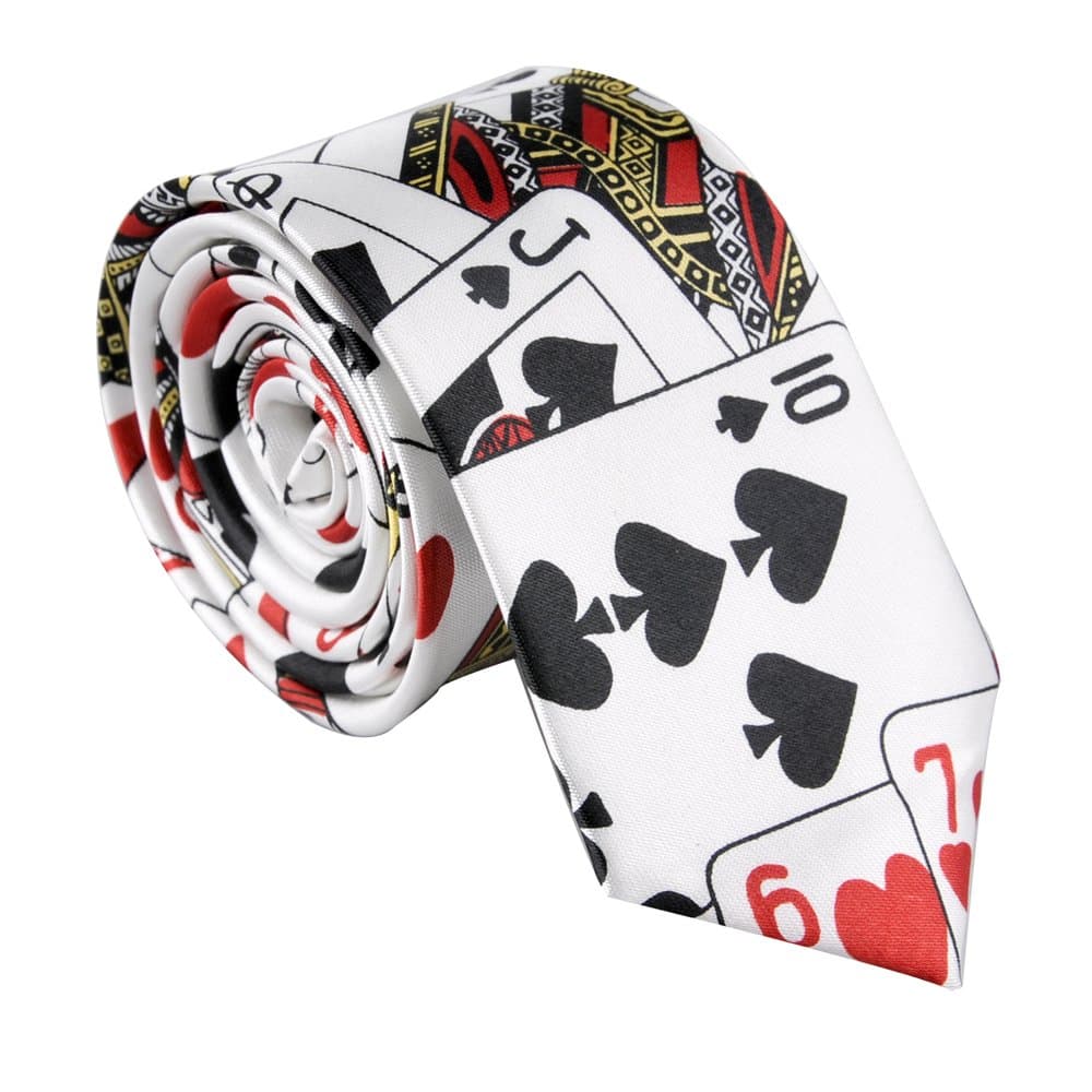 Polyester Narrow Neck Tie Skinny Playing Cards Pattern Thin Necktie for Men (2" Max Width)