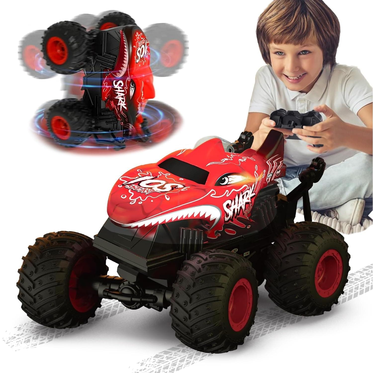 Remote Control Monster Car, 2.4GHz All Terrain Remote Control Monster Truck, RC Dinosaur Monster Car, Spray Music RC Monster Truck for Boys 4-7 8-12 and Girls Birthday Gift For Boys and Girls (red)