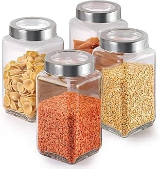 Vency Glass Square Shape Transparent Glass Jars & Containers for Kitchen Pantry, Snacks, Masala, Pickles, Dry Fruits, Coffee Beans Storage with Steel See-through Lid (Set Of 4) (1000ml Steel Cap)