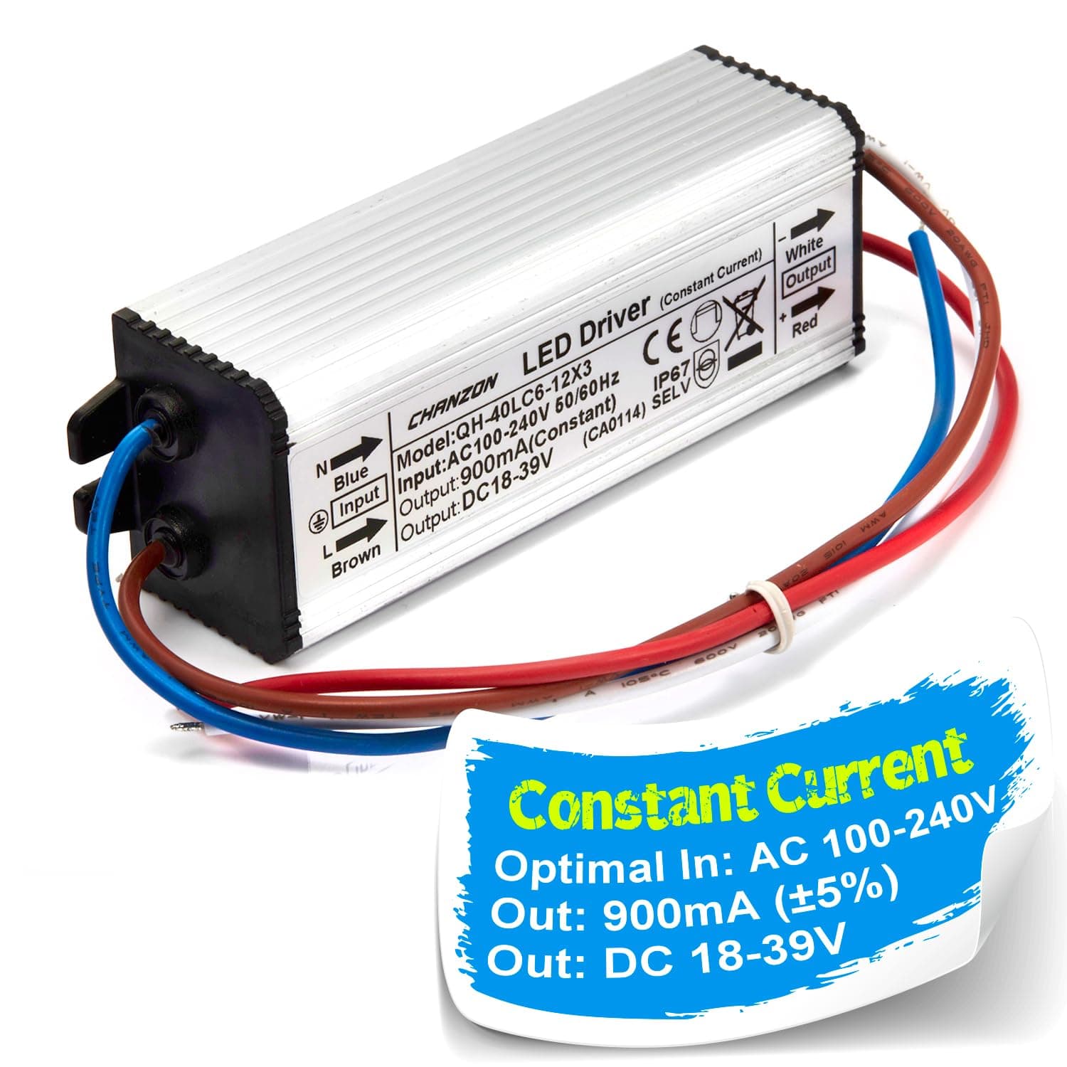 Chanzon LED Driver 900mA (Constant Current Output) 18V-39V (Input 85-277V AC-DC) (6-12) x3 18W 24W 30W 36W IP67 Waterproof High Power Supply 900 mA Lighting Transformer for 30 W COB Chips (Aluminium)
