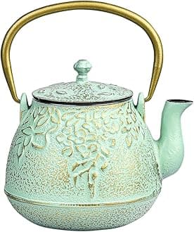 Sungmor Cast Iron Japanese Tetsubin Tea Kettle with Infuser - Stovetop Safe, Enameled Interior - 32 Ounce Light Green Teapot with Salix Leaf Pattern