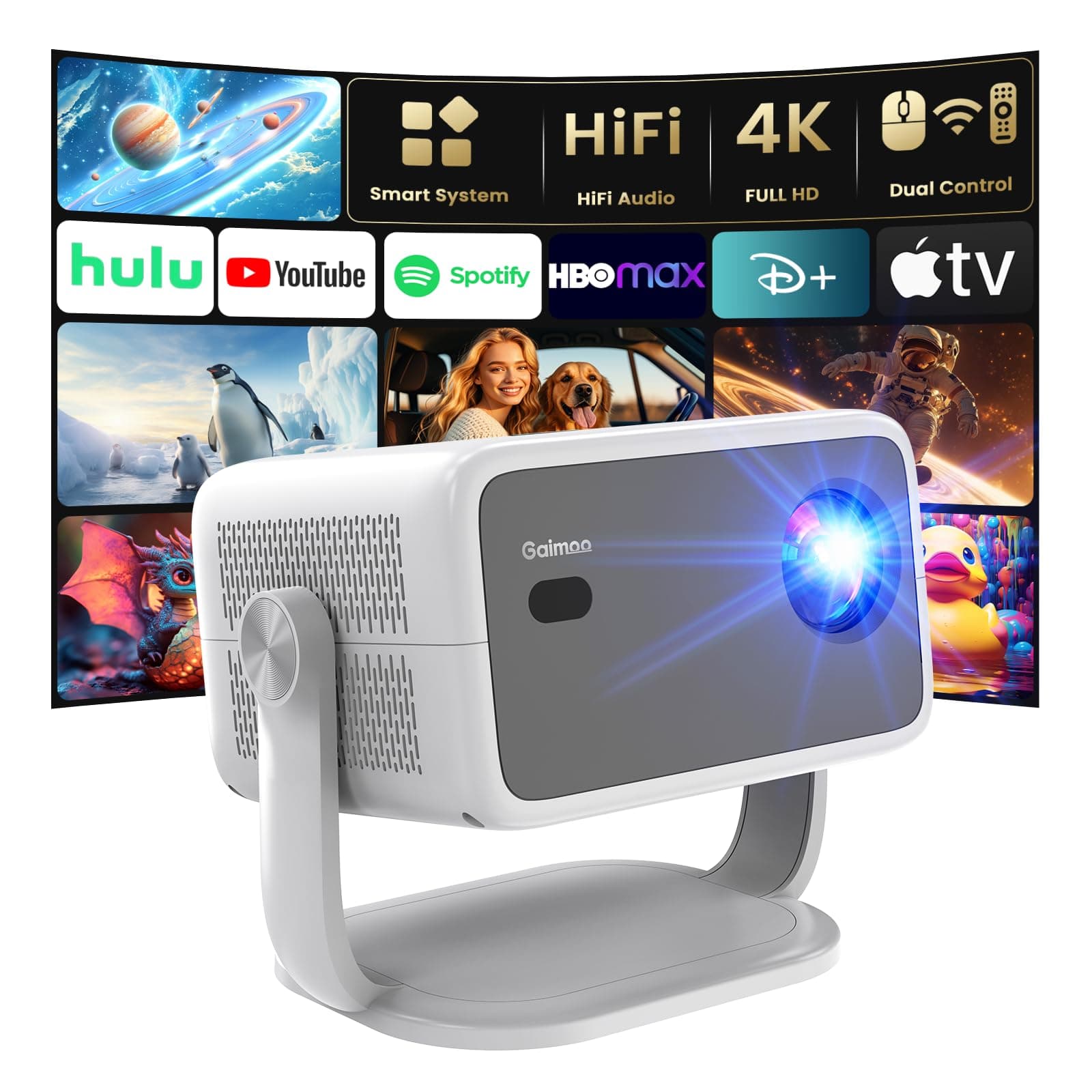 Projector [Auto Focus/360° Rotatable Stand] 4K Projector with Wifi and Bluetooth 1080P Native, Compatibile with TV Stick/Memory Stick/Laptop, Smart Home Outdoor Projector Gery