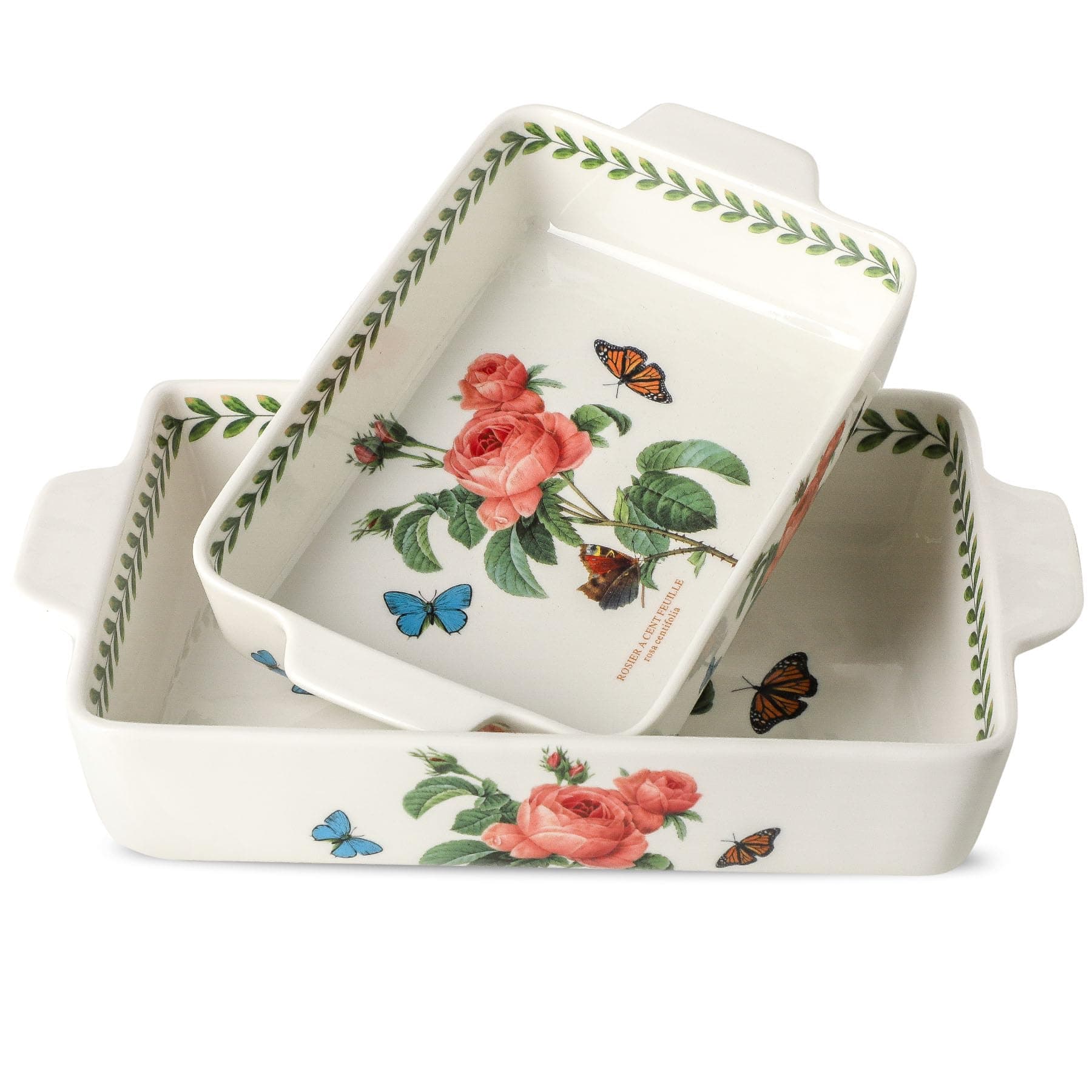 Ceramic Pink rose Baking Casserole Dish with Handles,Large 2 pieces 8x13 inch & 6x10 inch Lasagna Baking Dish and Middle Flower Andplant Baking Pan,Porcelain Serving Bakeware Set