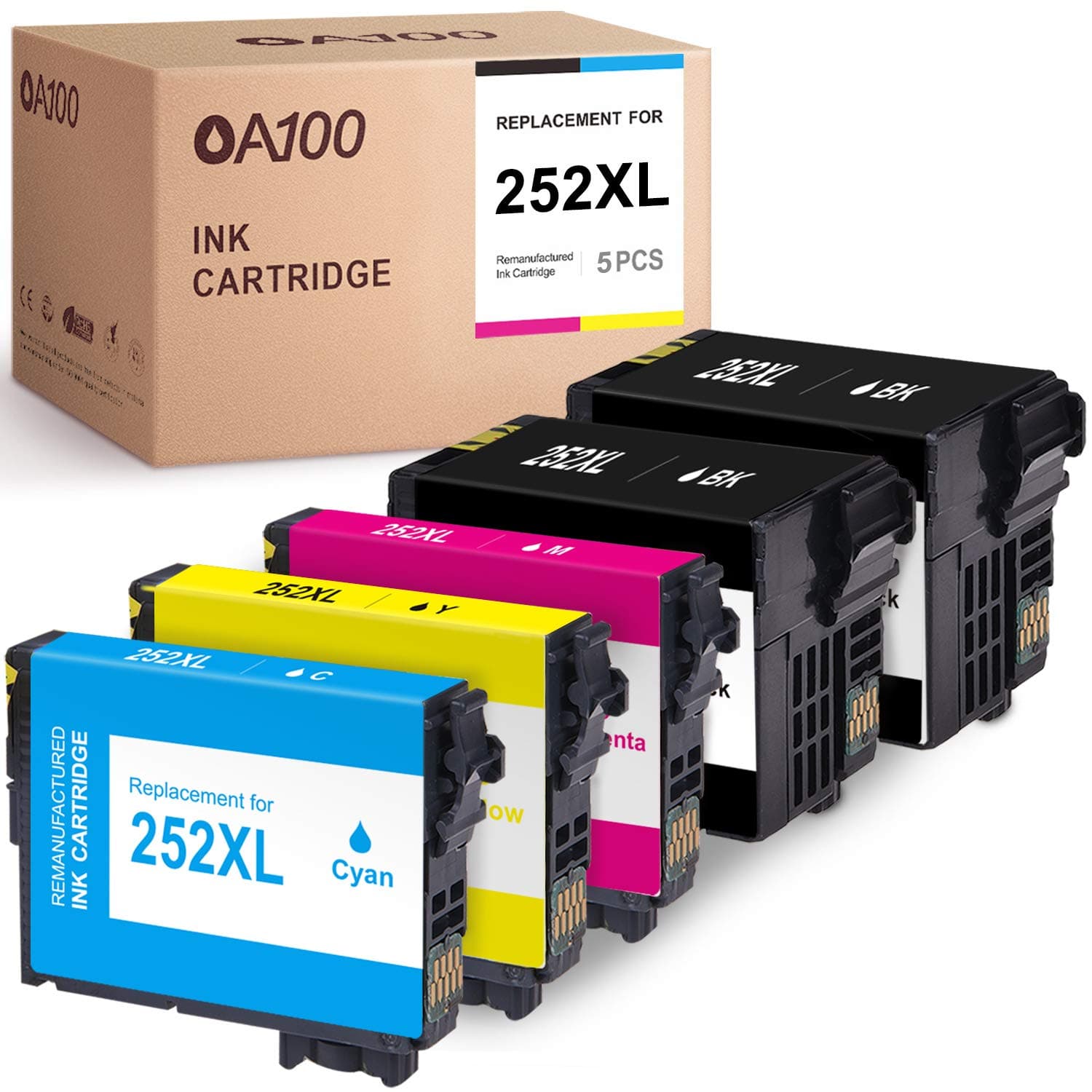 OA100 Remanufactured Ink Cartridges Replacement for Epson 252 252XL 252 XL for Workforce WF-7720 WF-3640 WF-3620 WF-7710 (Black, Cyan, Magenta, Yellow, 5-Pack)