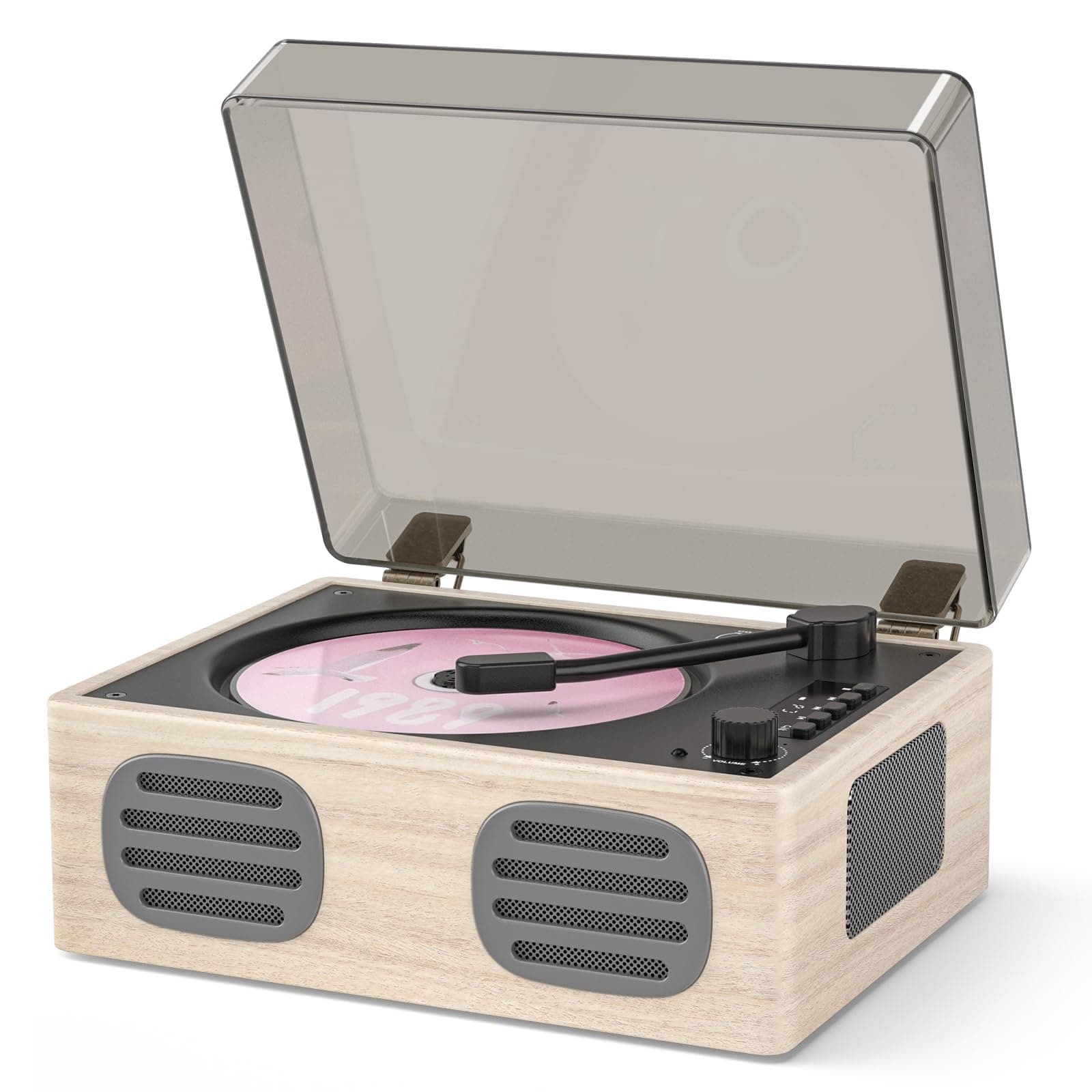 Portable Retro CD Player with Bluetooth Transmitter and Dual HiFi Speakers, LED Screen, Desktop Vintage Nostalgic Rechargeable CD Music Player for Home, Grey Wooden