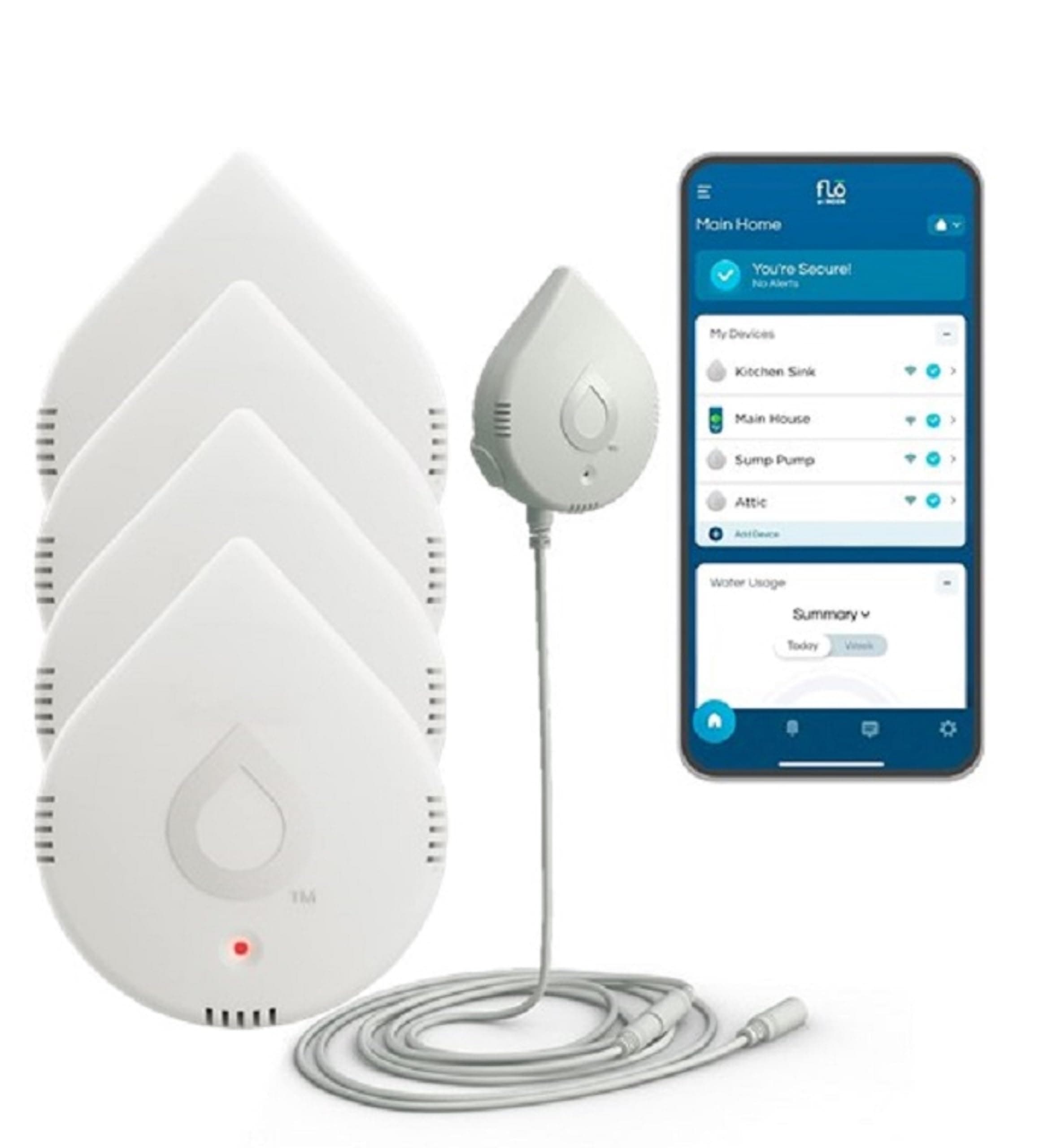 Moen Flo Smart Water Leak Detector, White, 4-Pack 920-005 + 2-Pack 6-Foot Leak Sensing Cable