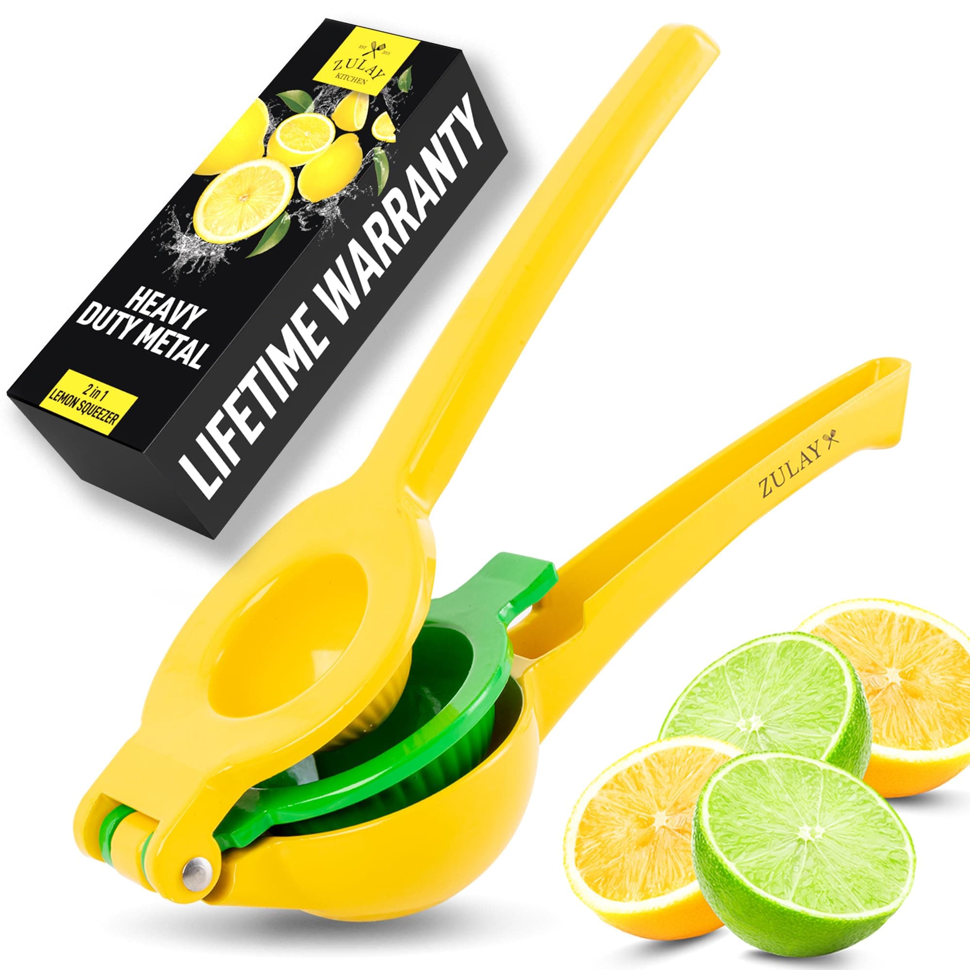 Metal 2-in-1 Lemon Squeezer - Sturdy Max Extraction Hand Juicer Lemon Squeezer Gets Every Last Drop - Easy to Clean Manual Citrus Juicer - Easy-Use Lemon Juicer Squeezer - Yellow/Green