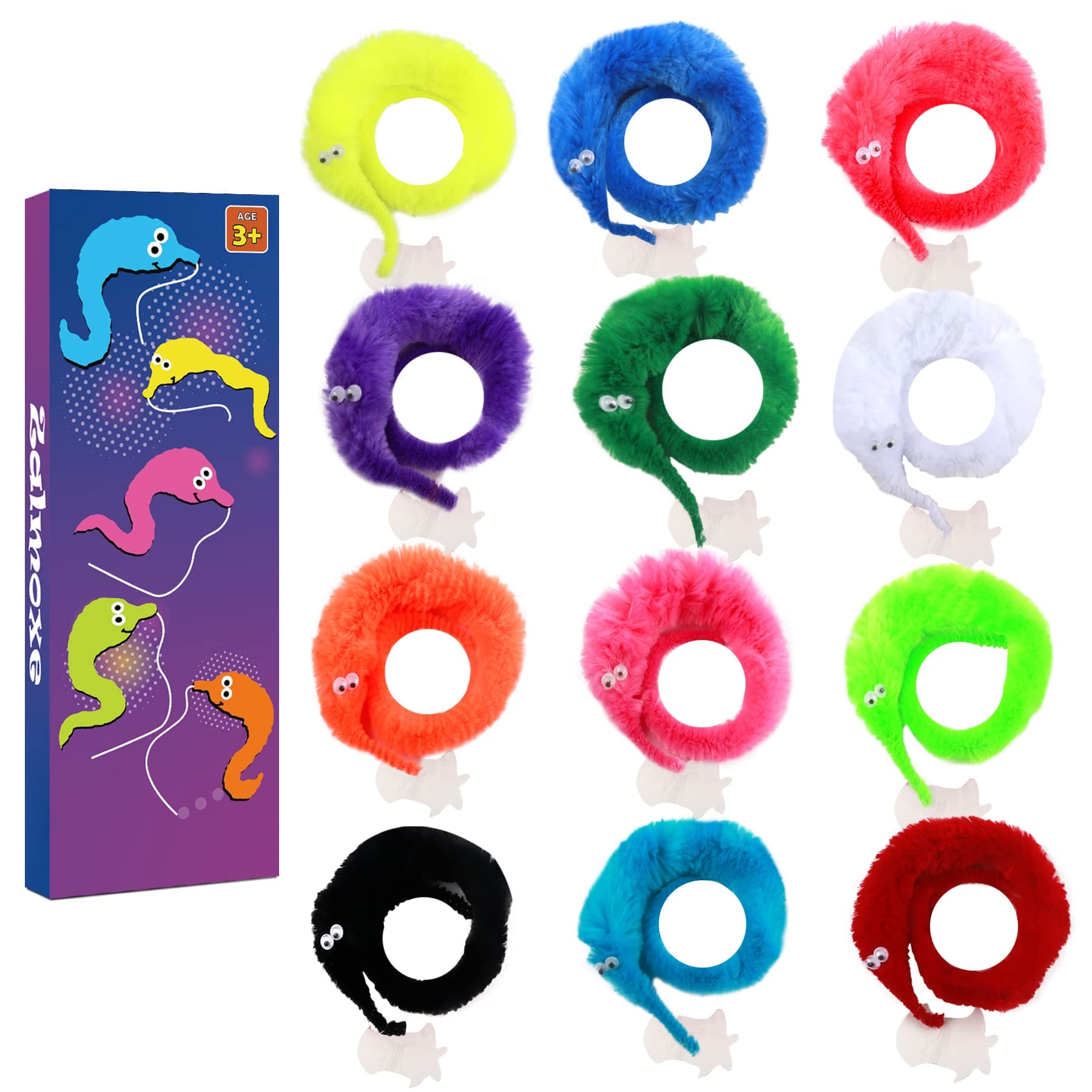 12 Pcs Fuzzy Worms on with a Invisible String Carnival Party Favors for Kids Birthday (12 Colors)