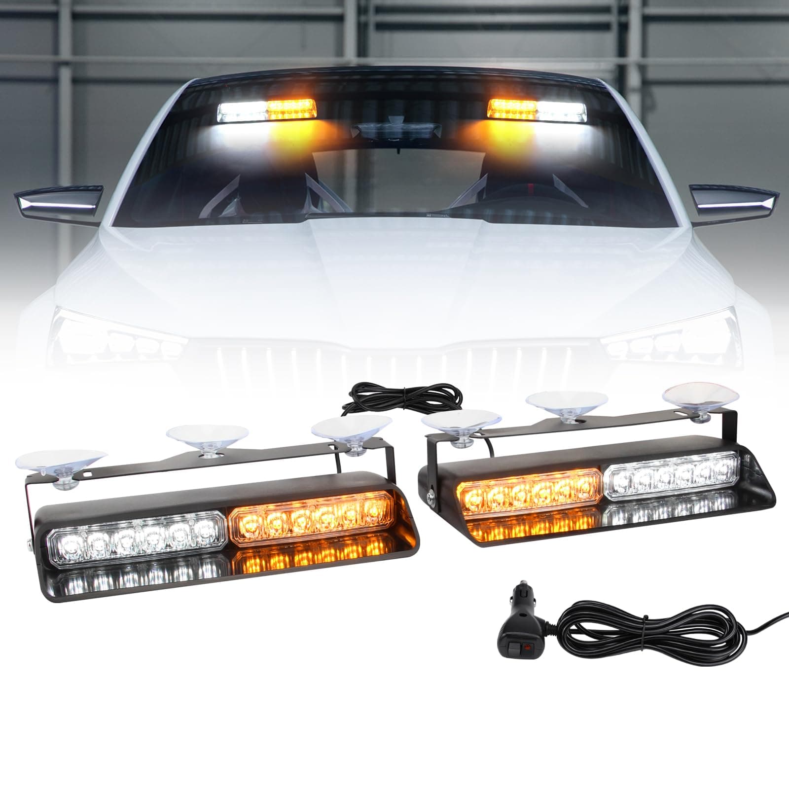 I LITTON 2-IN-1 Amber & White LED Windshield Strobe Lights, 2 x 8.4 Inch Ca Interior Light, 26 Modes 12/24V Emergency Traffic Advisor Front/Rear Car Window Dash Strobe Lights for Trucks Vehicles
