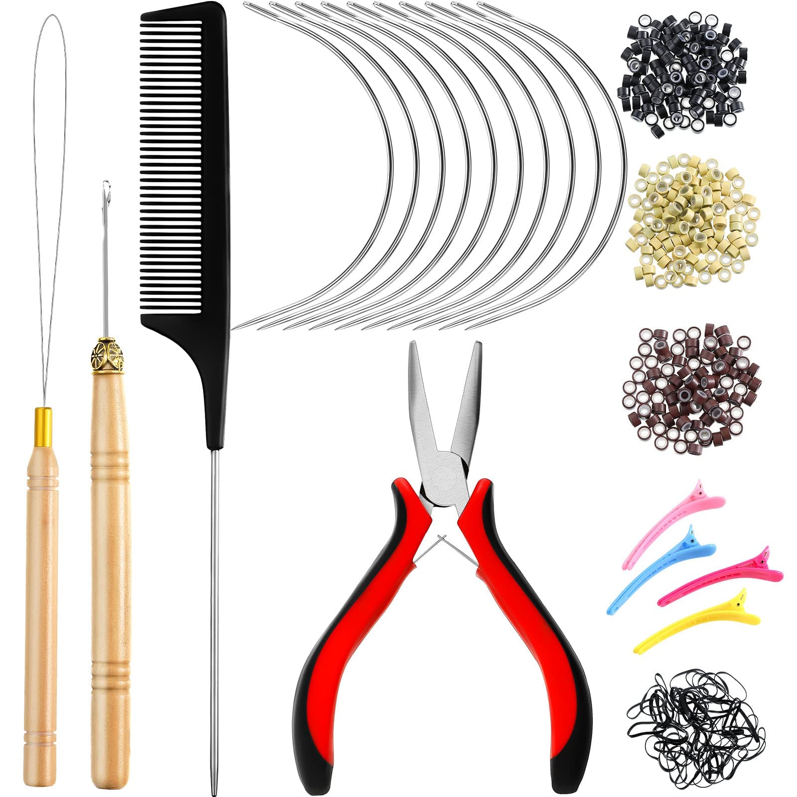 Chuangdi Hair Extension Tools Kit: 600 Silicone Lined Micro Ring Beads 1 Pliers 1 Comb 2 Hook Needle Pulling Loop 10 Curved Hair Needle 4 Alligator Clips 100 Mini Rubber Band Hand Tie Extention Tools
