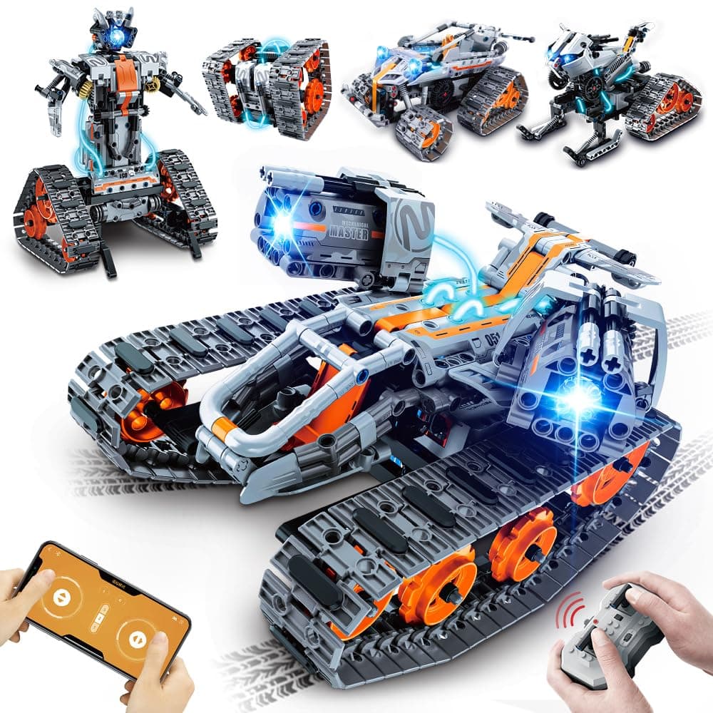 5 in 1 STEM Building Set with LED Light - APP & Remote Controlled Cars Building Toys Kit, RC Robot Tank Sleigh Tracked Racer 604 PCS, Toy Gifts for Kids Boys Girls Ages 6 7 8 9 10 11 12+ Year