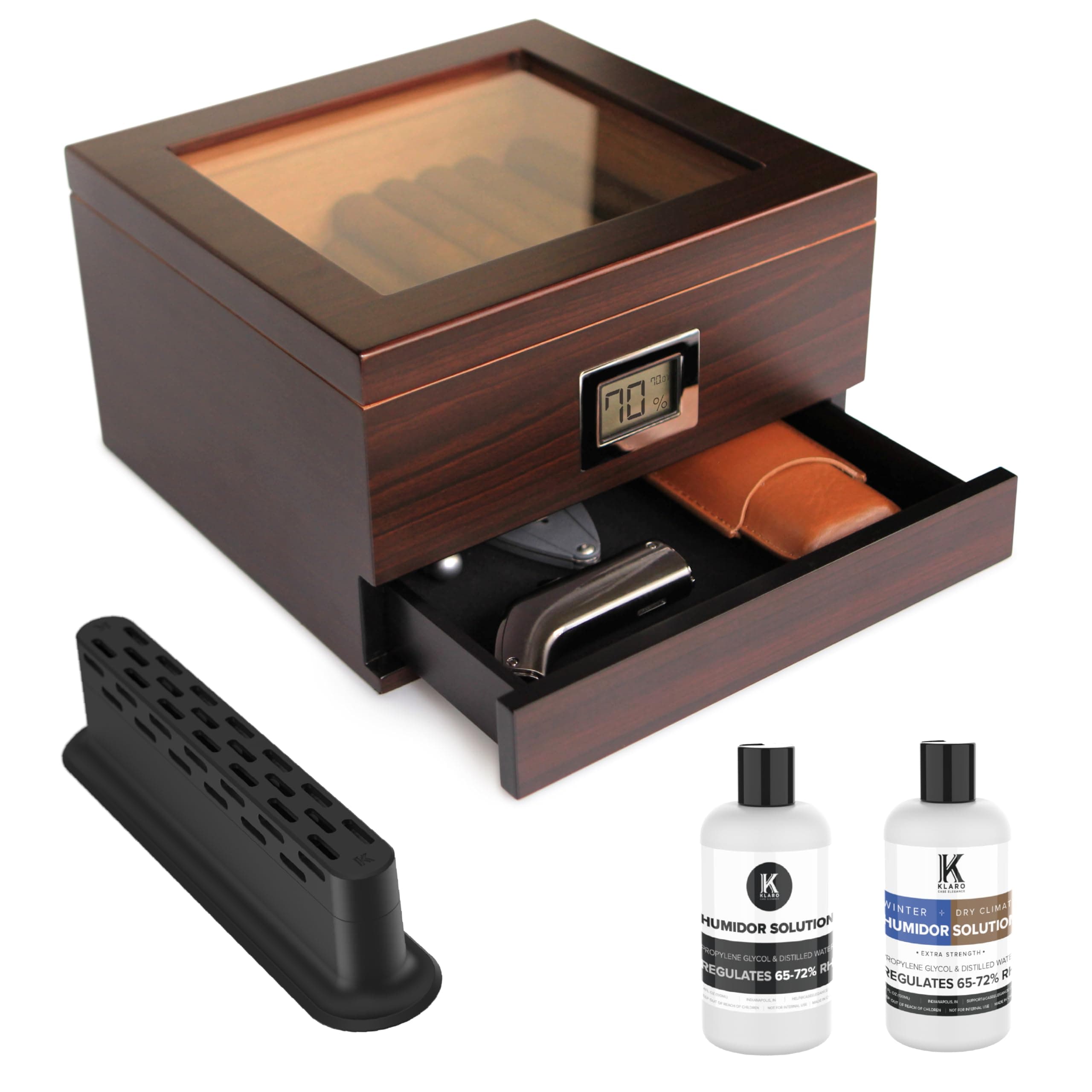 CASE ELEGANCE Glass Top Handcrafted Cedar Humidor with Front Digital Hygrometer, Humidifier Gel, and Accessory Drawer - Holds (25-50 Cigars)