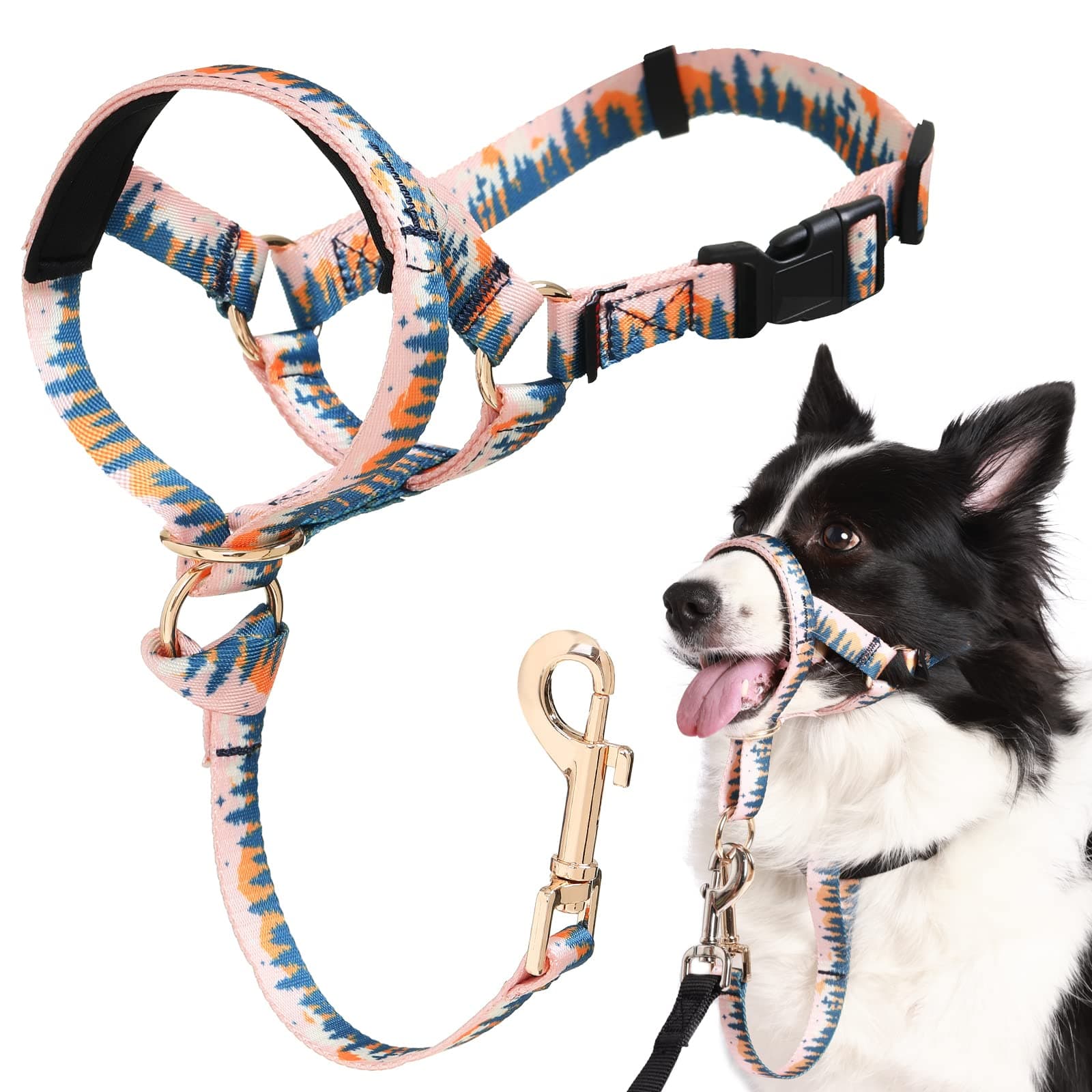 BARKLESSHead Collar for Dogs, No Pull Printed Mouth Harness, Gentle Head Halter for Small Medium Large Dogs Stop Pulling on Leash, Easy Control on Walks (L, Tree)
