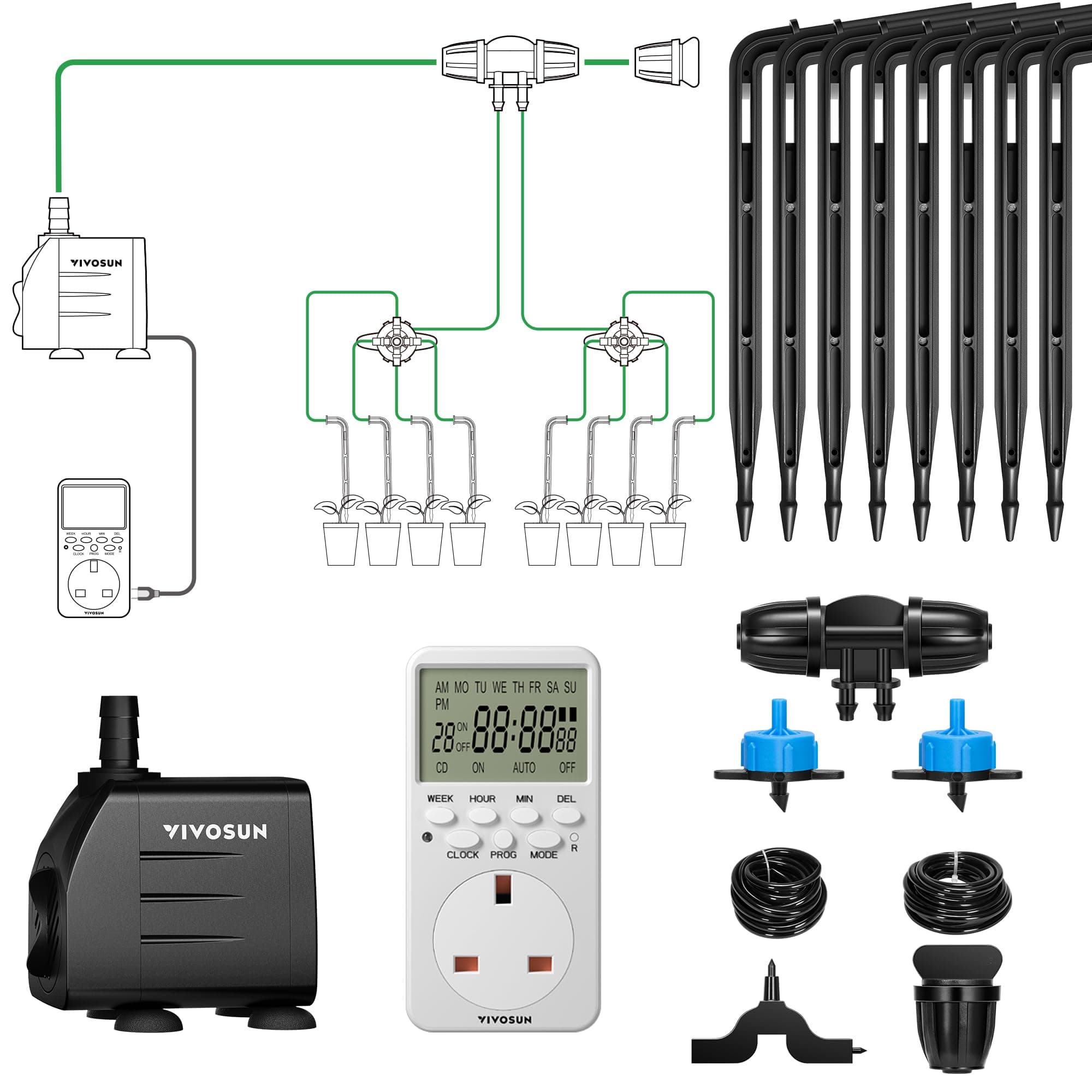 Professional Automatic Drip Irrigation Kits, 15W Output, All in One Professional Grow Kit- Includes Pump, Timer and Regulator, 8 Drip Emitters Garden Plant Watering System Indoor Outdoor