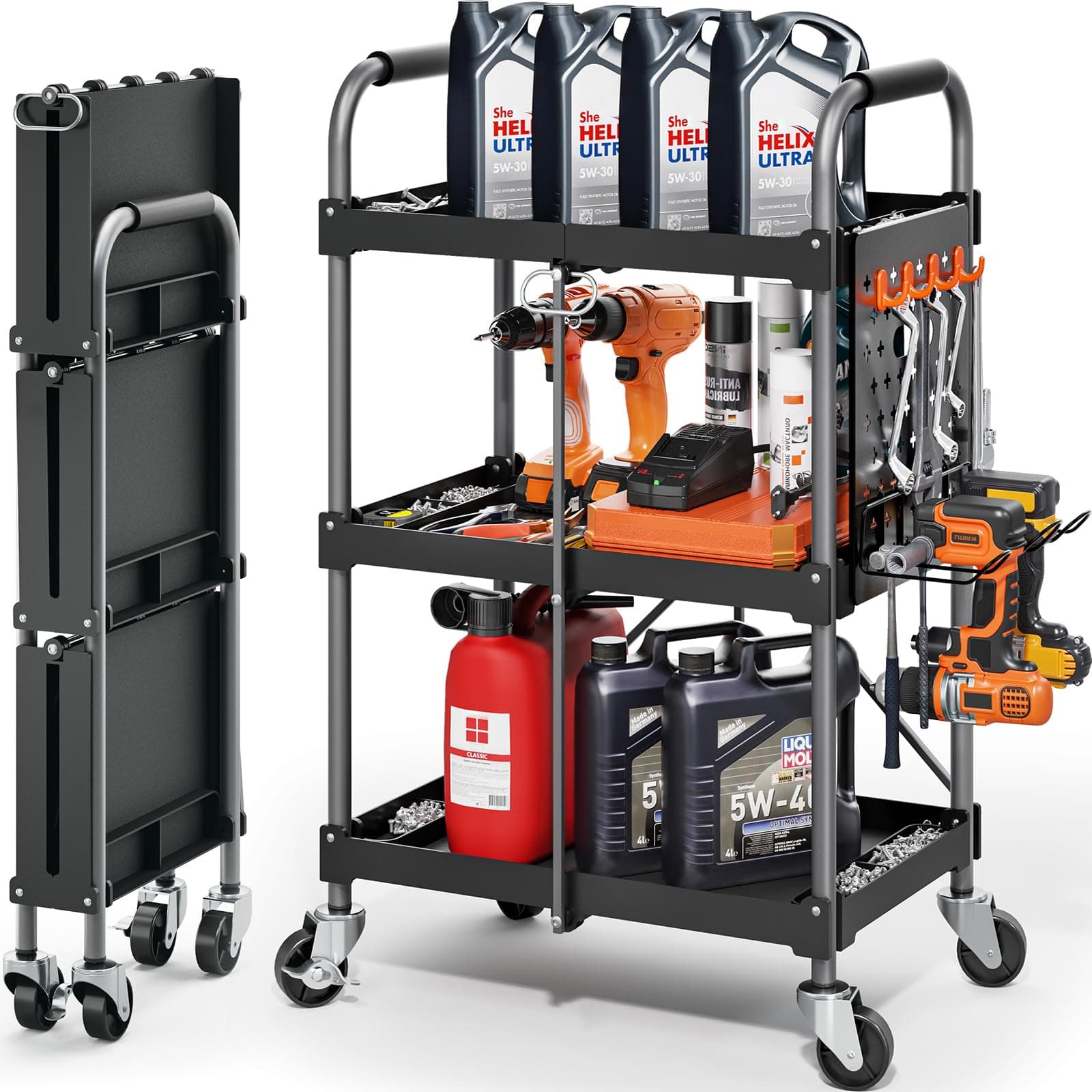 KINGRACK 3 Tier Rolling Tool Cart with Ergonomic Handle, Heavy Duty Foldable Utility Service Cart with Wheels, Multifunctional Storage Organizer, Practical for Home, Office, Garage, Warehouse, Black