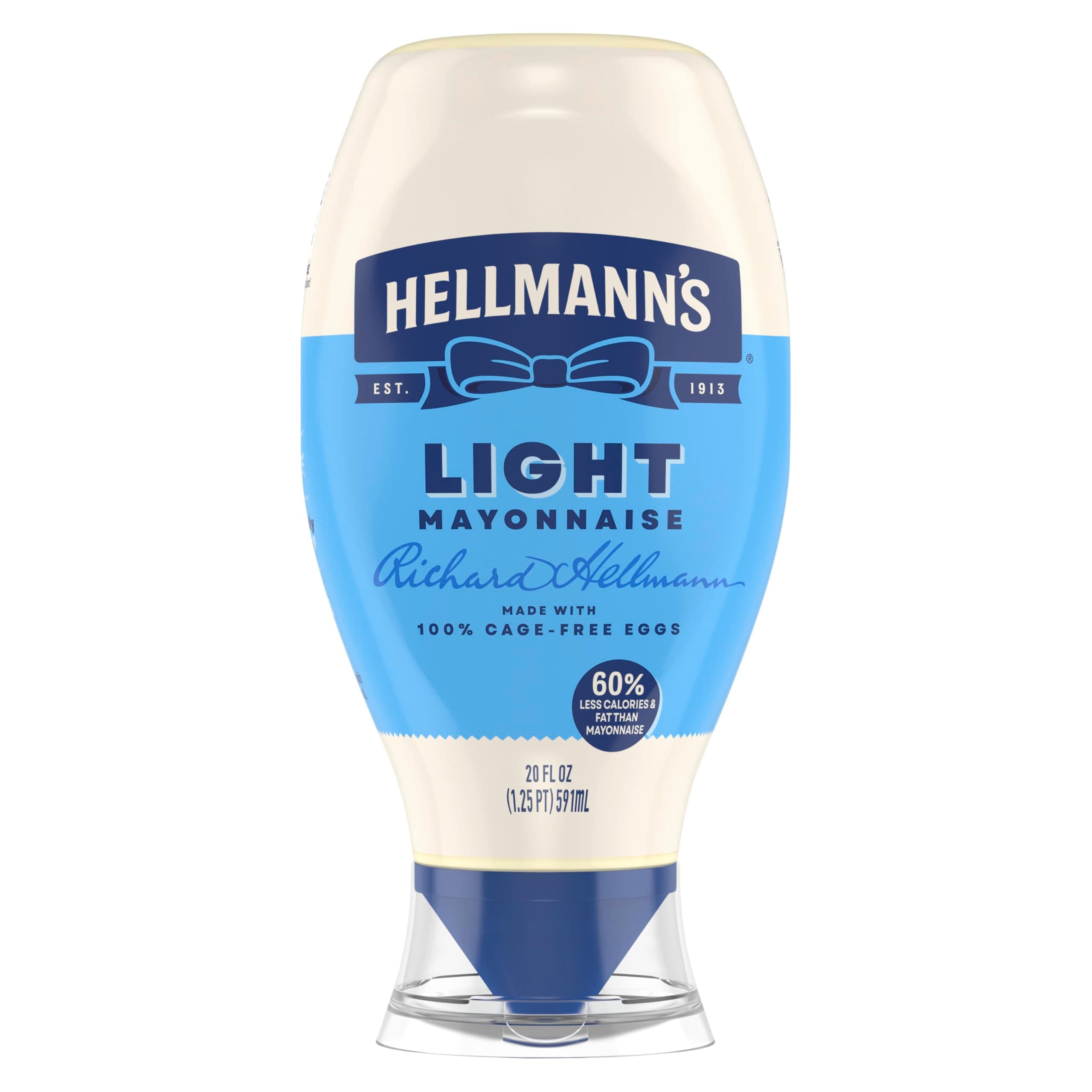 Hellmann's Light Mayonnaise Light Mayo Squeeze Bottle For a Creamy Condiment for Sandwiches and Simple Meals Made With 100% Cage-Free Eggs 20 oz