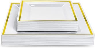 MATANA 40 Premium White Square Plastic Plates with Gold Rim - 20 24cm Dinner Plates, 20 16.5cm Side Plates - Elegant & Reusable Party Plates for Weddings, Birthdays, BBQ, Parties