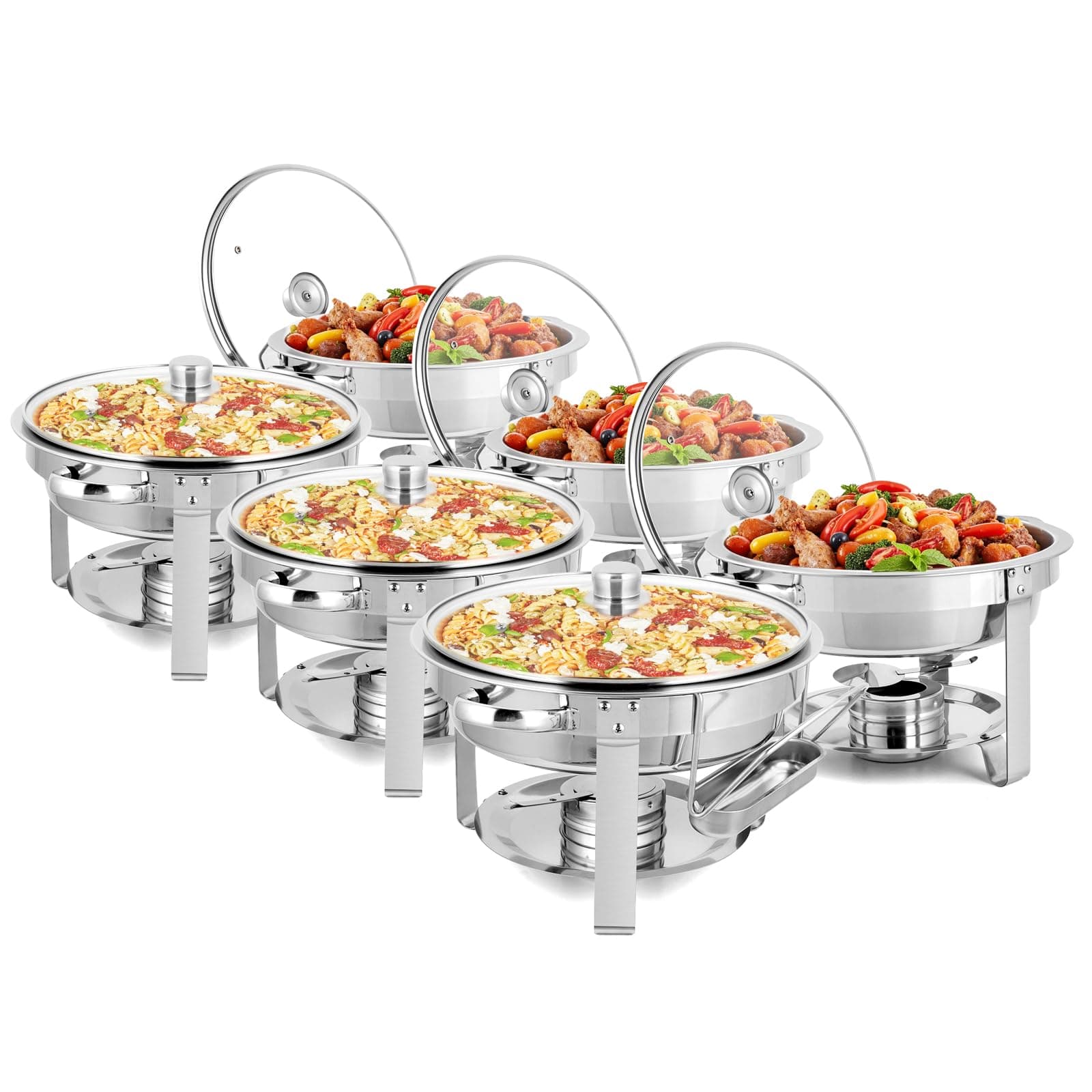 ROVSUN 5Qt 6 Pack Chafing Dish Buffet Set, NSF Stainless Steel Round Chafers for Catering, Buffet Servers and Warmers Set with Glass Lid & Lid Holder for Wedding Party Banquet Event
