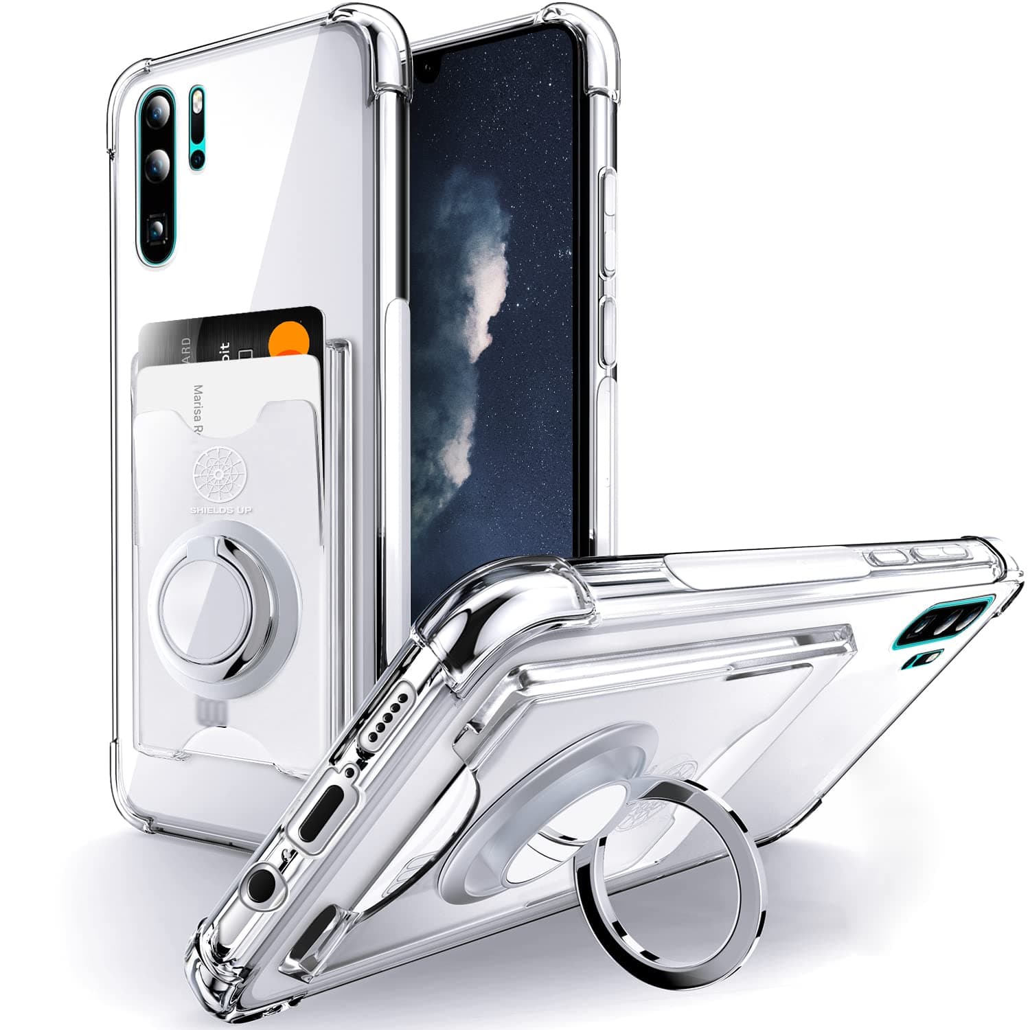 SHIELDS UP Designed for Huawei P30 Pro Case, Huawei P30 Pro Minimalist Wallet Case with Ring Kickstand and Card Holder, Transparent Slim Shockproof TPU Bumper Cover for Huawei P30 Pro - Clear