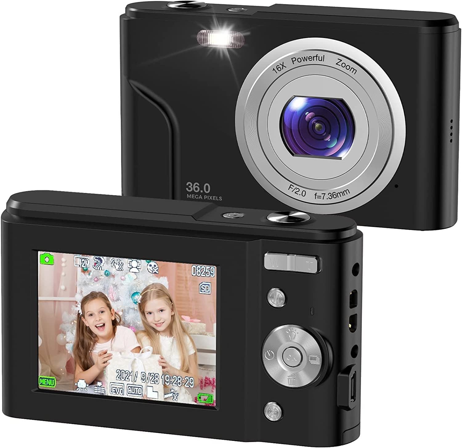 AOLLONNA Digital Camera Full HD 1080P 36.0 Mega Pixels Vlogging Camera with 16X Digital Zoom 2.4 inchLCD Screen for Students, Teens, Kids Black…