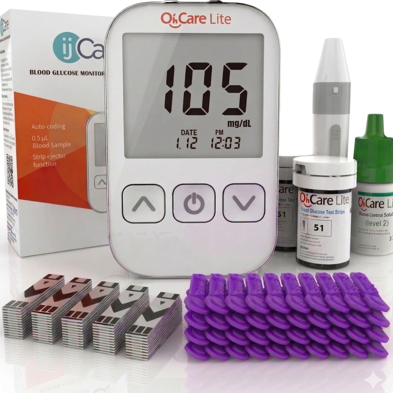 Oh 'Care Lite Diabetes Testing Starter Kit - Oh 'Care Lite Meter, 100 Oh 'Care Lite Blood Glucose Test Strips, 100 Lancets 30G, Lancing Aid, Control Solution, Operating Guide, Logbook & Carry Case